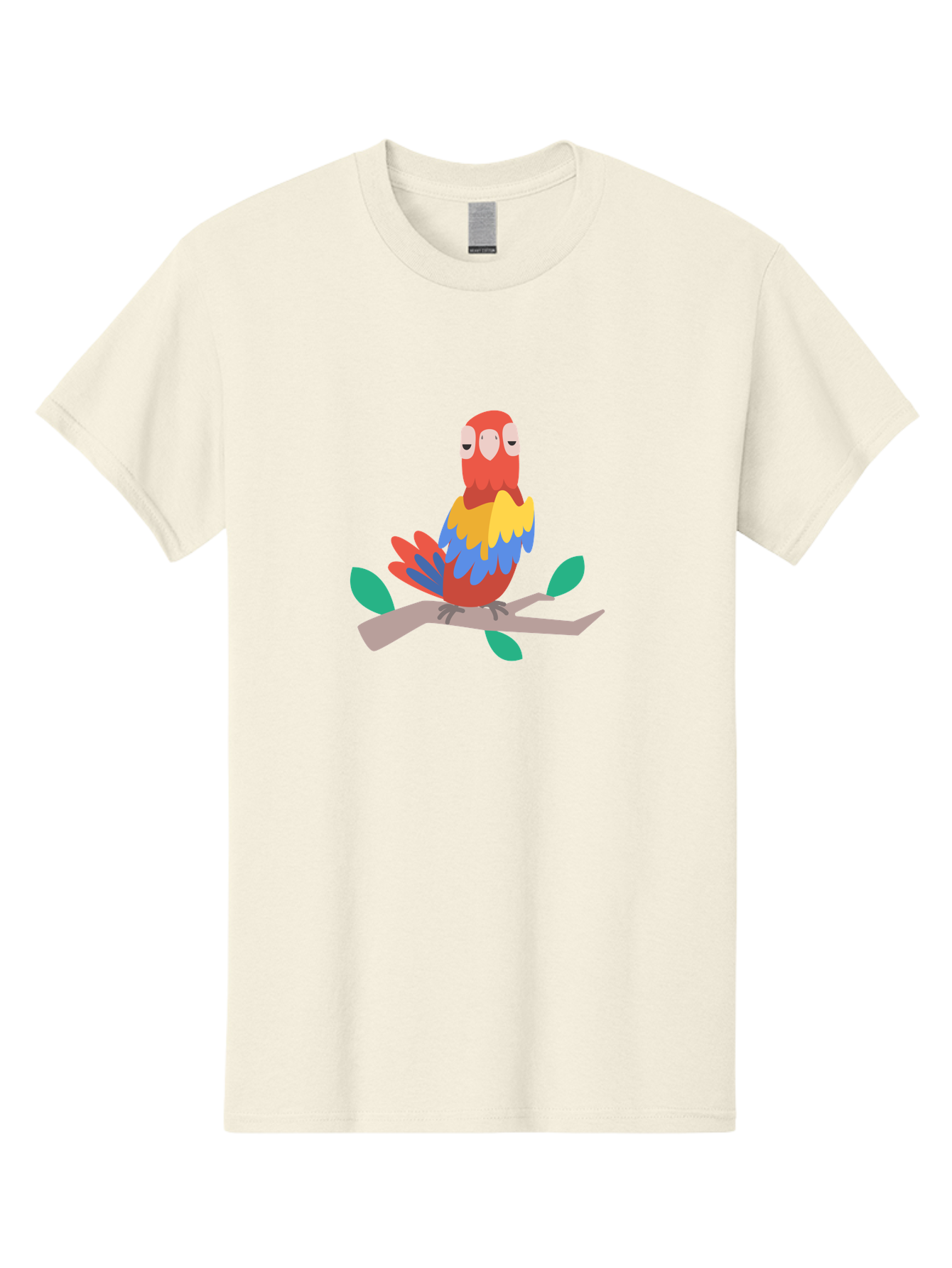 Colorful-Parrot Men'S Graphic Tee, 100% Cotton, Comfortable Casual Summer Wear, Machine Washable, Cartoon Parrot, Vibrant Plumage, Red, Blue, Yellow Feathers, Sitting On Branch, Leaves, Tropical Bird, Playful Illustration, Digital Art, Aab825 25