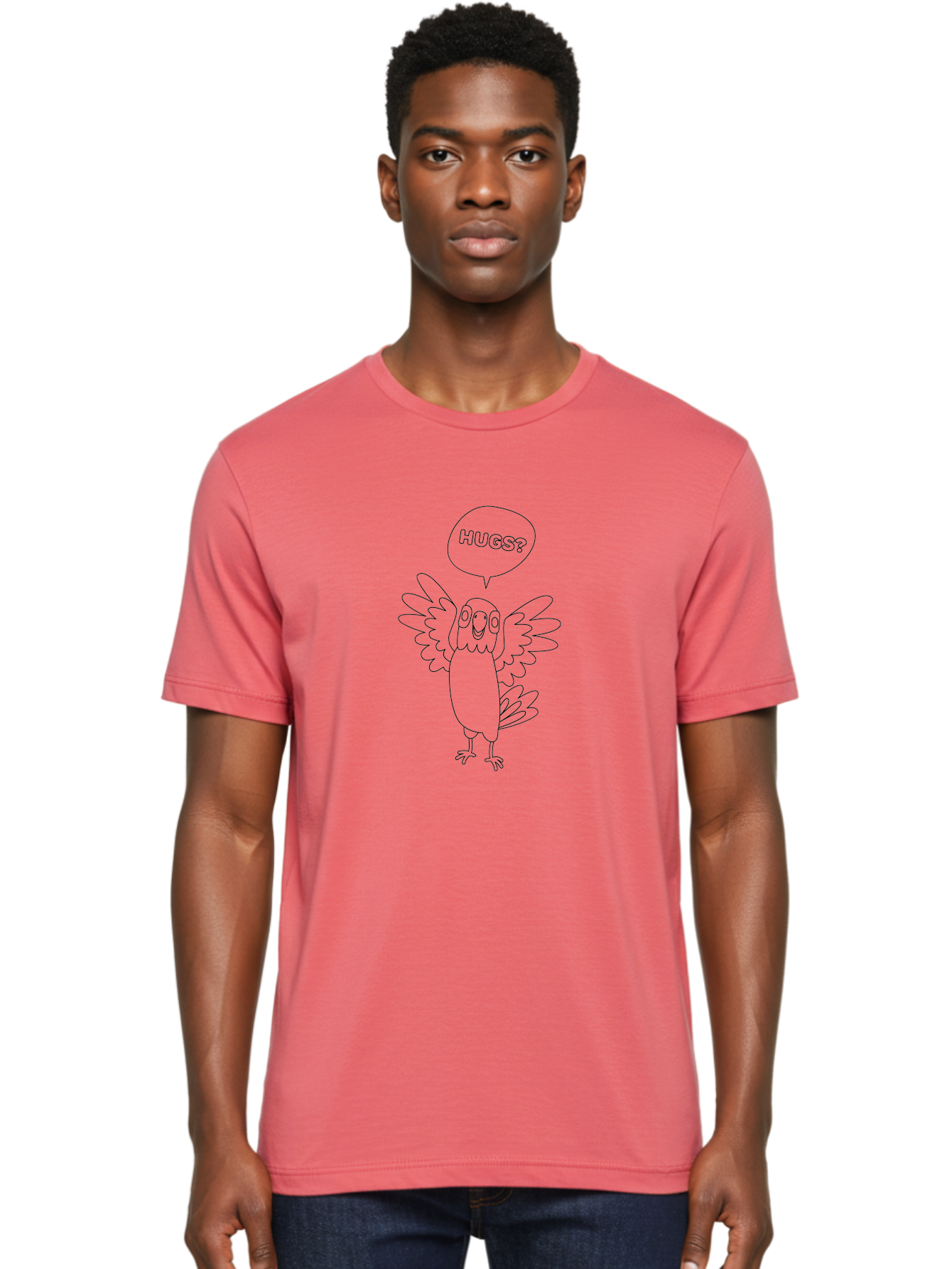 Hugs-1 Men'S Graphic Tee, 100% Cotton, Comfortable Casual Summer Wear, Machine Washable, Happy Bird, Cute Parrot, Friendly Animal, Bird Asking For Affection, Cartoon Character, Simple Line Art, Hugs Request, Lovable Creature, Aab830