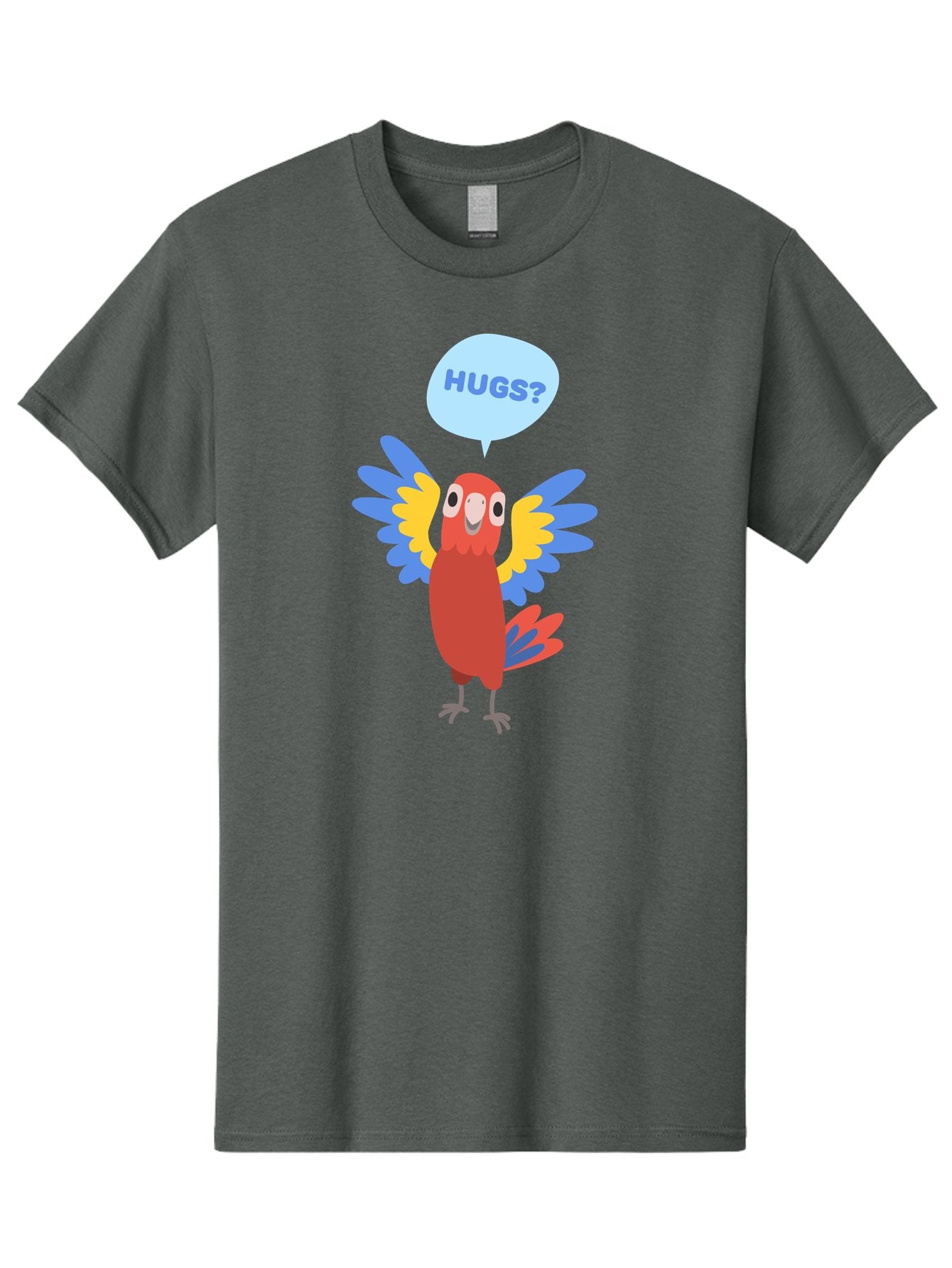 Hugs Men'S Graphic Tee, 100% Cotton, Comfortable Casual Summer Wear, Machine Washable, Cartoon Parrot, Colorful Bird, Hugs, Cute Animal, Funny Illustration, Red Parrot, Blue And Yellow Wings, Friendly Creature, Emotional Support, Aab833 13