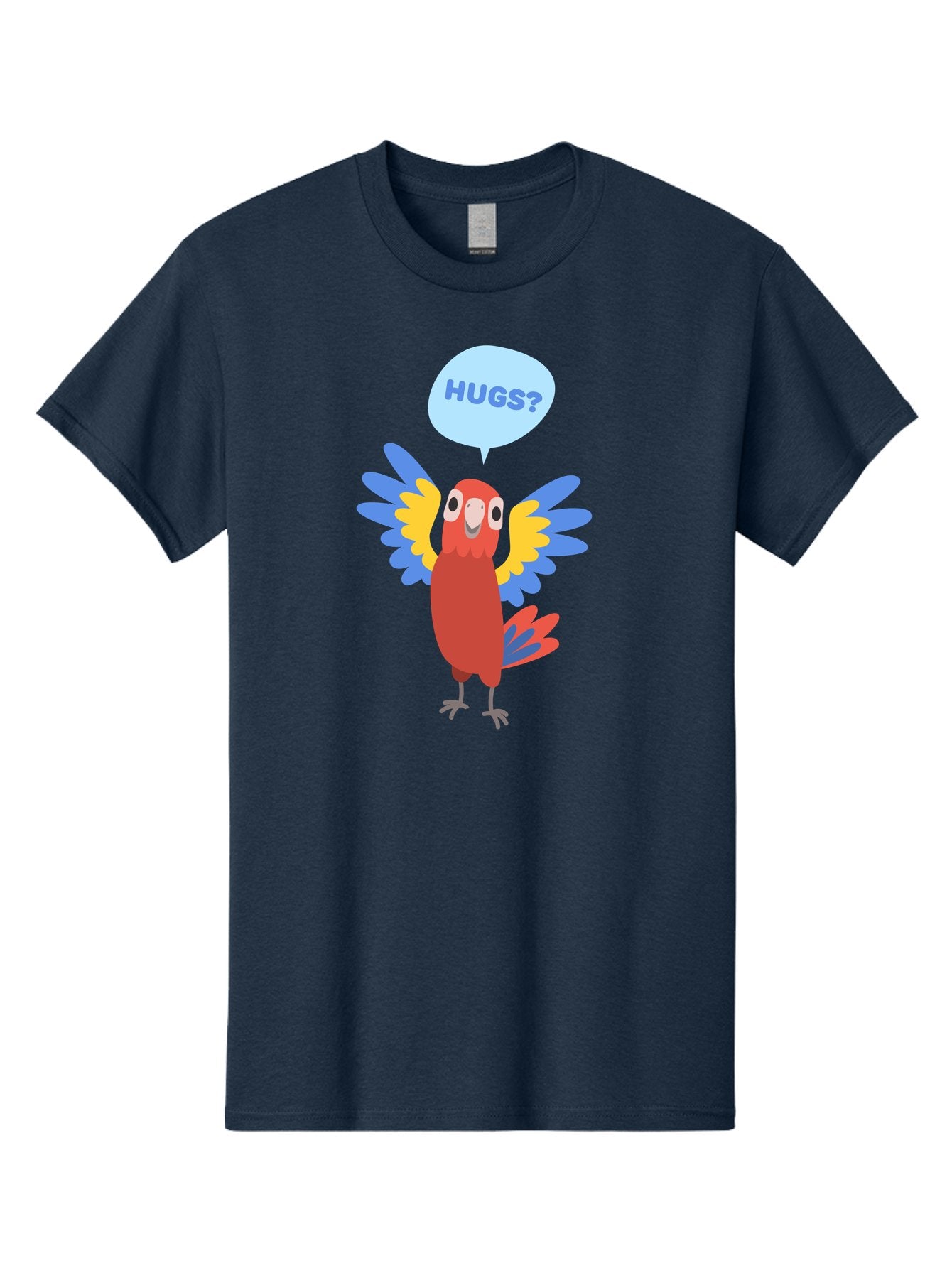 Hugs Men'S Graphic Tee, 100% Cotton, Comfortable Casual Summer Wear, Machine Washable, Cartoon Parrot, Colorful Bird, Hugs, Cute Animal, Funny Illustration, Red Parrot, Blue And Yellow Wings, Friendly Creature, Emotional Support, Aab833