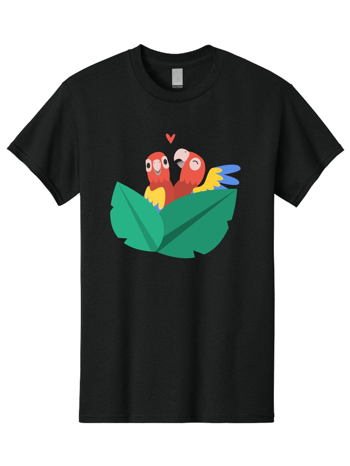 Love-Birds Men'S Graphic Tee, 100% Cotton, Comfortable Casual Summer Wear, Machine Washable, Cartoon Parrots, Red Parrots, Bird Couple, Love Birds, Tropical Birds, Colorful Feathers, Green Leaves, Red Heart, Yellow Beaks, Blue Wings Aab835 9