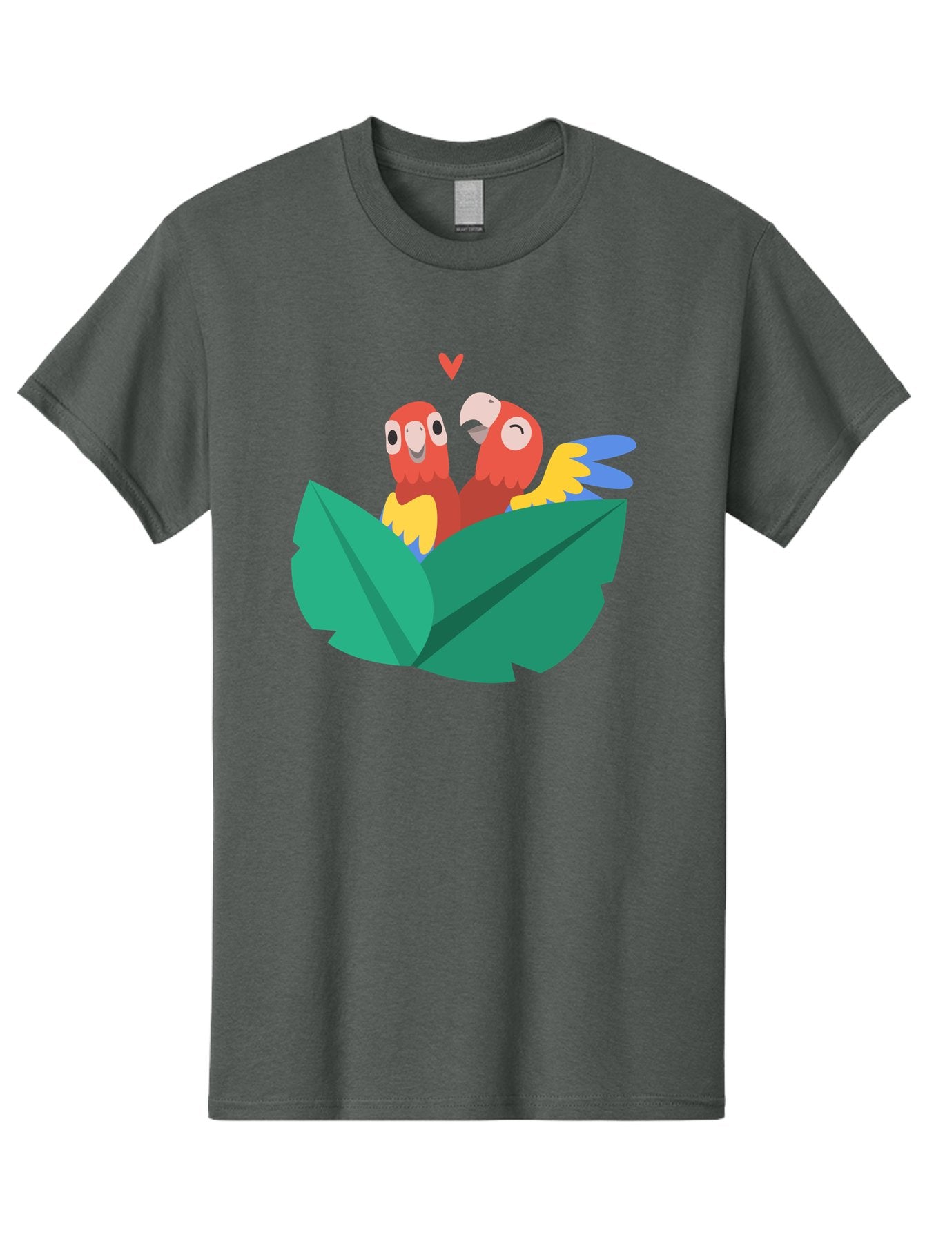 Love-Birds Men'S Graphic Tee, 100% Cotton, Comfortable Casual Summer Wear, Machine Washable, Cartoon Parrots, Red Parrots, Bird Couple, Love Birds, Tropical Birds, Colorful Feathers, Green Leaves, Red Heart, Yellow Beaks, Blue Wings Aab835