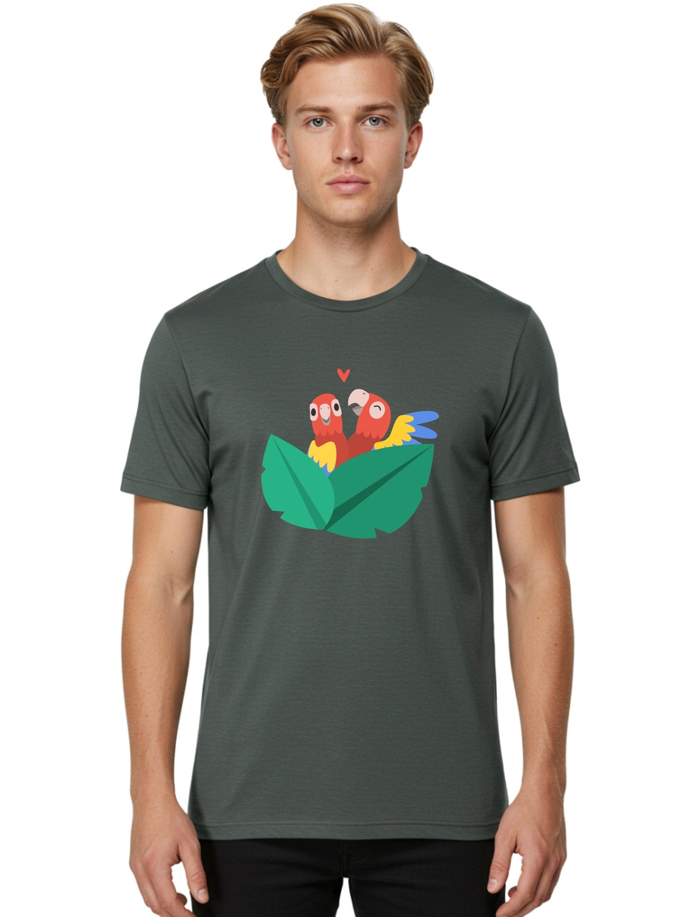 Love-Birds Men'S Graphic Tee, 100% Cotton, Comfortable Casual Summer Wear, Machine Washable, Cartoon Parrots, Red Parrots, Bird Couple, Love Birds, Tropical Birds, Colorful Feathers, Green Leaves, Red Heart, Yellow Beaks, Blue Wings Aab835 21