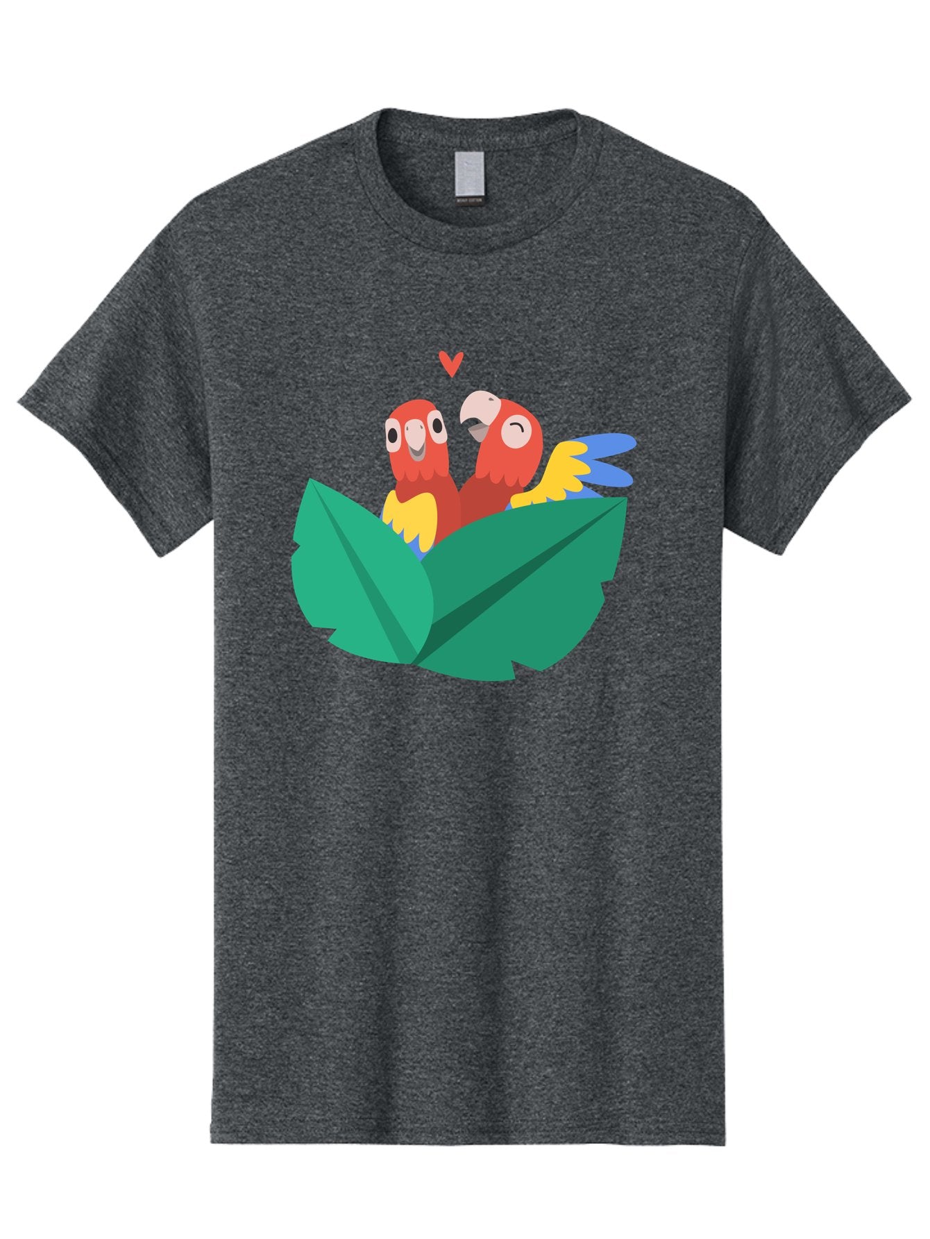 Love-Birds Men'S Graphic Tee, 100% Cotton, Comfortable Casual Summer Wear, Machine Washable, Cartoon Parrots, Red Parrots, Bird Couple, Love Birds, Tropical Birds, Colorful Feathers, Green Leaves, Red Heart, Yellow Beaks, Blue Wings Aab835 14