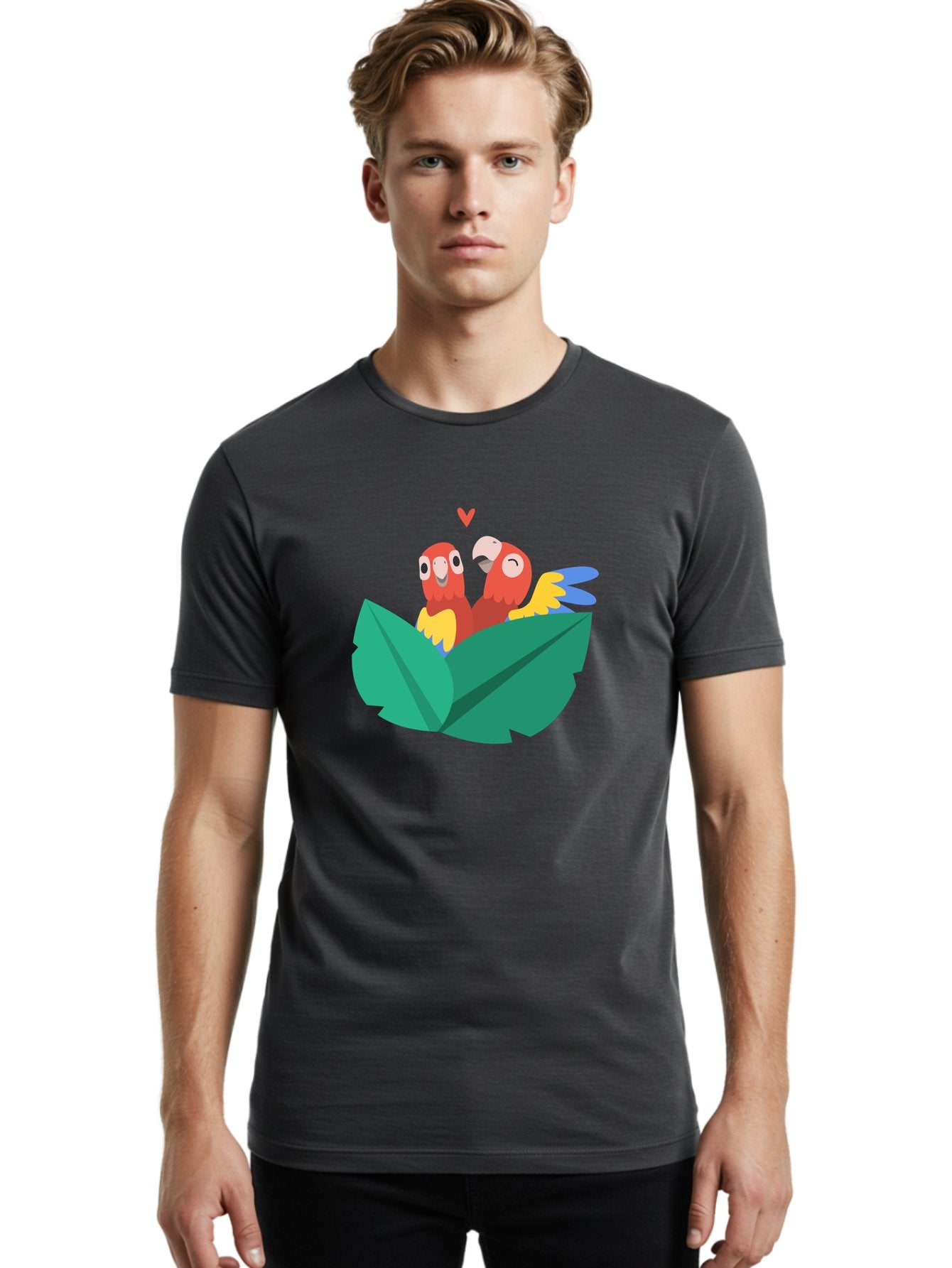 Love-Birds Men'S Graphic Tee, 100% Cotton, Comfortable Casual Summer Wear, Machine Washable, Cartoon Parrots, Red Parrots, Bird Couple, Love Birds, Tropical Birds, Colorful Feathers, Green Leaves, Red Heart, Yellow Beaks, Blue Wings Aab835 29