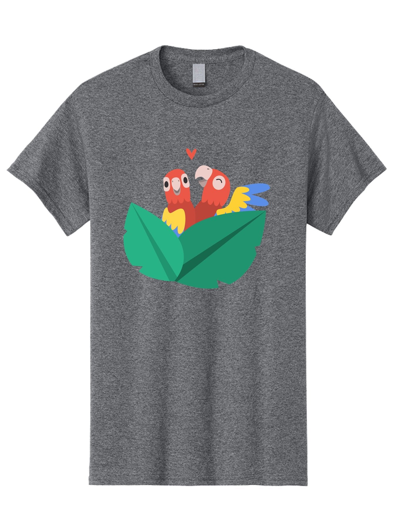 Love-Birds Men'S Graphic Tee, 100% Cotton, Comfortable Casual Summer Wear, Machine Washable, Cartoon Parrots, Red Parrots, Bird Couple, Love Birds, Tropical Birds, Colorful Feathers, Green Leaves, Red Heart, Yellow Beaks, Blue Wings Aab835 11