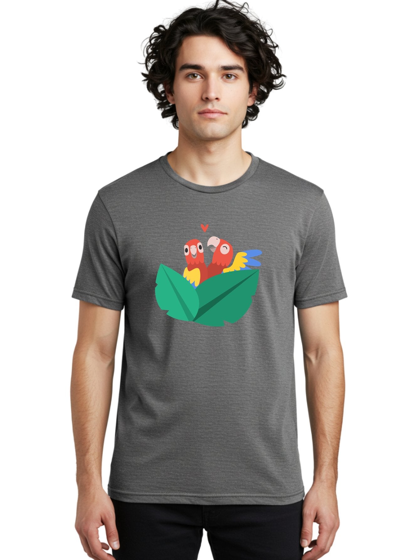 Love-Birds Men'S Graphic Tee, 100% Cotton, Comfortable Casual Summer Wear, Machine Washable, Cartoon Parrots, Red Parrots, Bird Couple, Love Birds, Tropical Birds, Colorful Feathers, Green Leaves, Red Heart, Yellow Beaks, Blue Wings Aab835 27