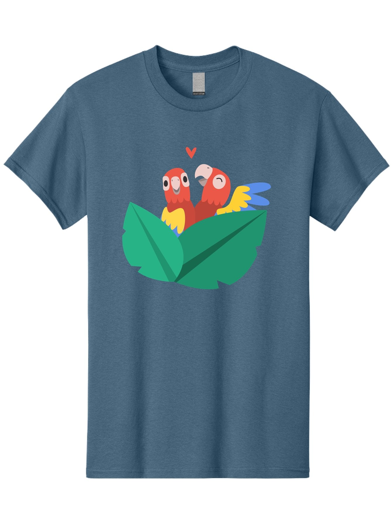 Love-Birds Men'S Graphic Tee, 100% Cotton, Comfortable Casual Summer Wear, Machine Washable, Cartoon Parrots, Red Parrots, Bird Couple, Love Birds, Tropical Birds, Colorful Feathers, Green Leaves, Red Heart, Yellow Beaks, Blue Wings Aab835 4