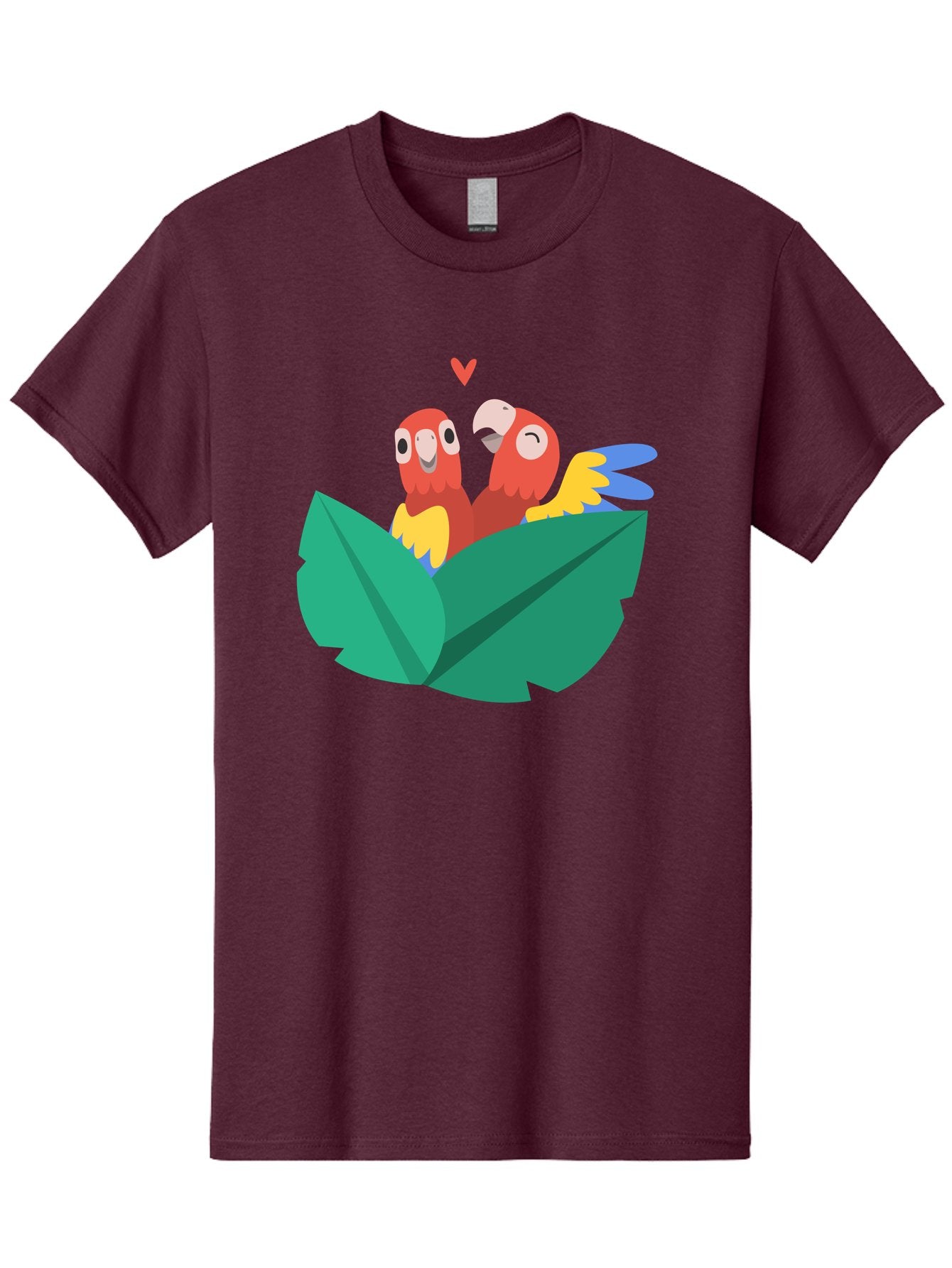Love-Birds Men'S Graphic Tee, 100% Cotton, Comfortable Casual Summer Wear, Machine Washable, Cartoon Parrots, Red Parrots, Bird Couple, Love Birds, Tropical Birds, Colorful Feathers, Green Leaves, Red Heart, Yellow Beaks, Blue Wings Aab835 7
