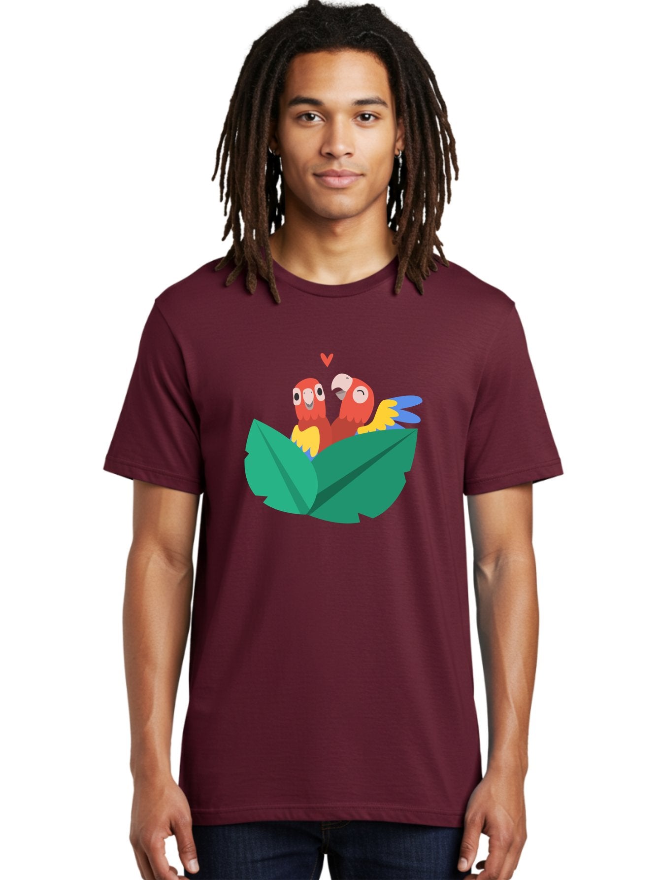 Love-Birds Men'S Graphic Tee, 100% Cotton, Comfortable Casual Summer Wear, Machine Washable, Cartoon Parrots, Red Parrots, Bird Couple, Love Birds, Tropical Birds, Colorful Feathers, Green Leaves, Red Heart, Yellow Beaks, Blue Wings Aab835 16