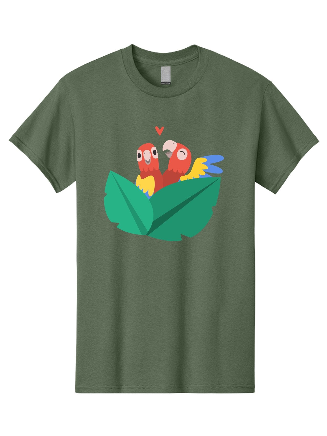 Love-Birds Men'S Graphic Tee, 100% Cotton, Comfortable Casual Summer Wear, Machine Washable, Cartoon Parrots, Red Parrots, Bird Couple, Love Birds, Tropical Birds, Colorful Feathers, Green Leaves, Red Heart, Yellow Beaks, Blue Wings Aab835 3