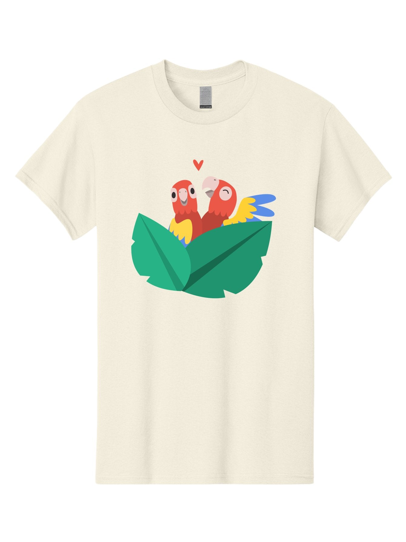 Love-Birds Men'S Graphic Tee, 100% Cotton, Comfortable Casual Summer Wear, Machine Washable, Cartoon Parrots, Red Parrots, Bird Couple, Love Birds, Tropical Birds, Colorful Feathers, Green Leaves, Red Heart, Yellow Beaks, Blue Wings Aab835 6