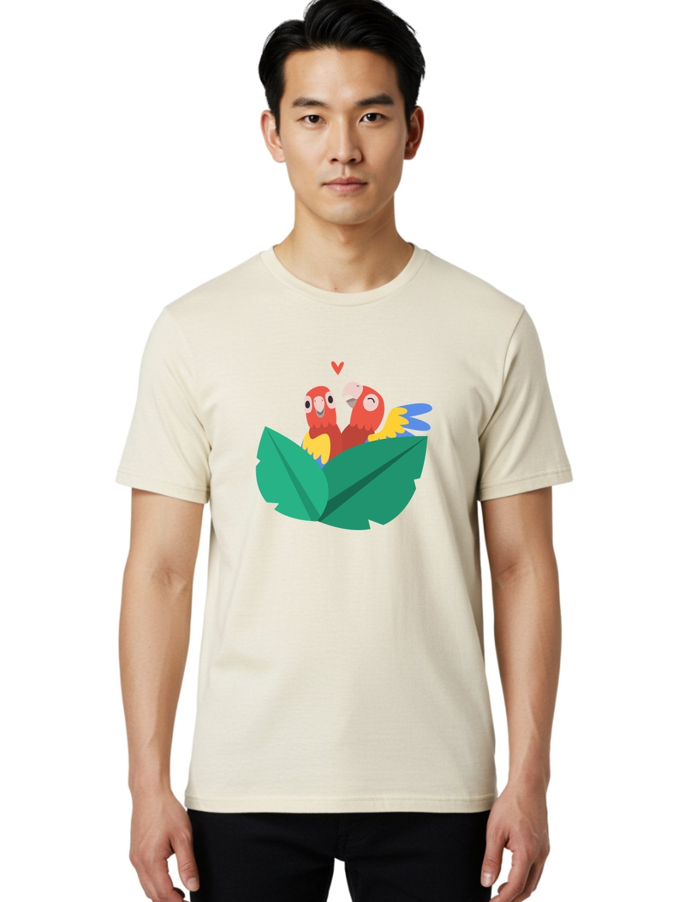 Love-Birds Men'S Graphic Tee, 100% Cotton, Comfortable Casual Summer Wear, Machine Washable, Cartoon Parrots, Red Parrots, Bird Couple, Love Birds, Tropical Birds, Colorful Feathers, Green Leaves, Red Heart, Yellow Beaks, Blue Wings Aab835 24
