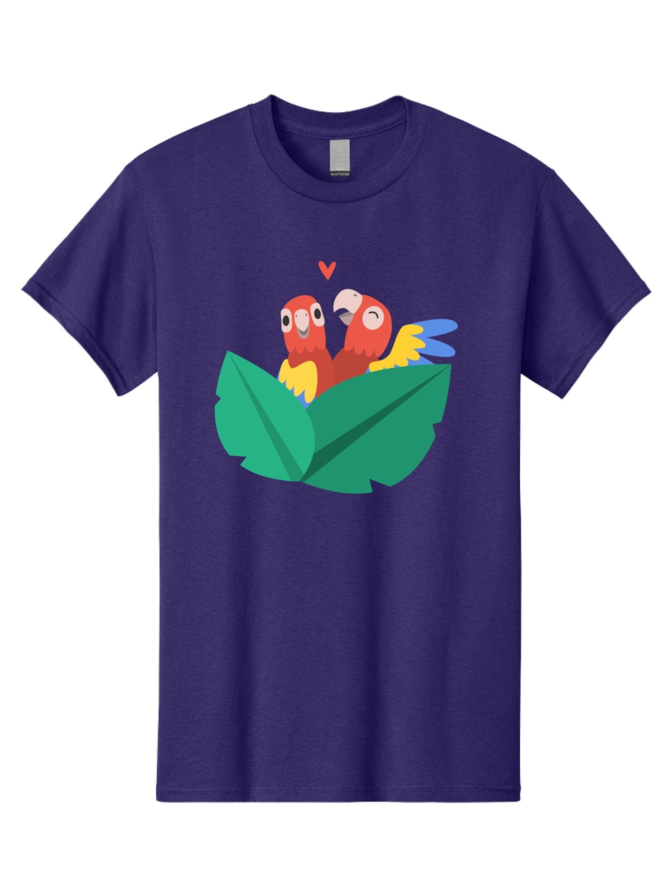 Love-Birds Men'S Graphic Tee, 100% Cotton, Comfortable Casual Summer Wear, Machine Washable, Cartoon Parrots, Red Parrots, Bird Couple, Love Birds, Tropical Birds, Colorful Feathers, Green Leaves, Red Heart, Yellow Beaks, Blue Wings Aab835 12