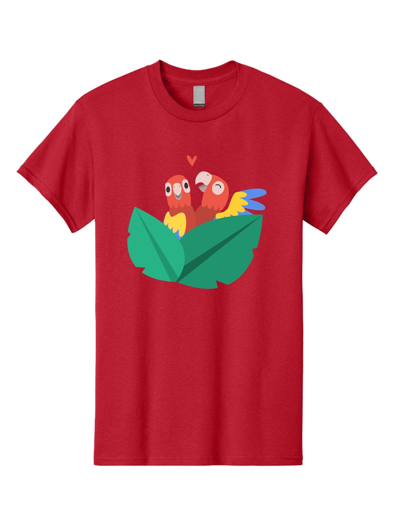 Love-Birds Men'S Graphic Tee, 100% Cotton, Comfortable Casual Summer Wear, Machine Washable, Cartoon Parrots, Red Parrots, Bird Couple, Love Birds, Tropical Birds, Colorful Feathers, Green Leaves, Red Heart, Yellow Beaks, Blue Wings Aab835 5
