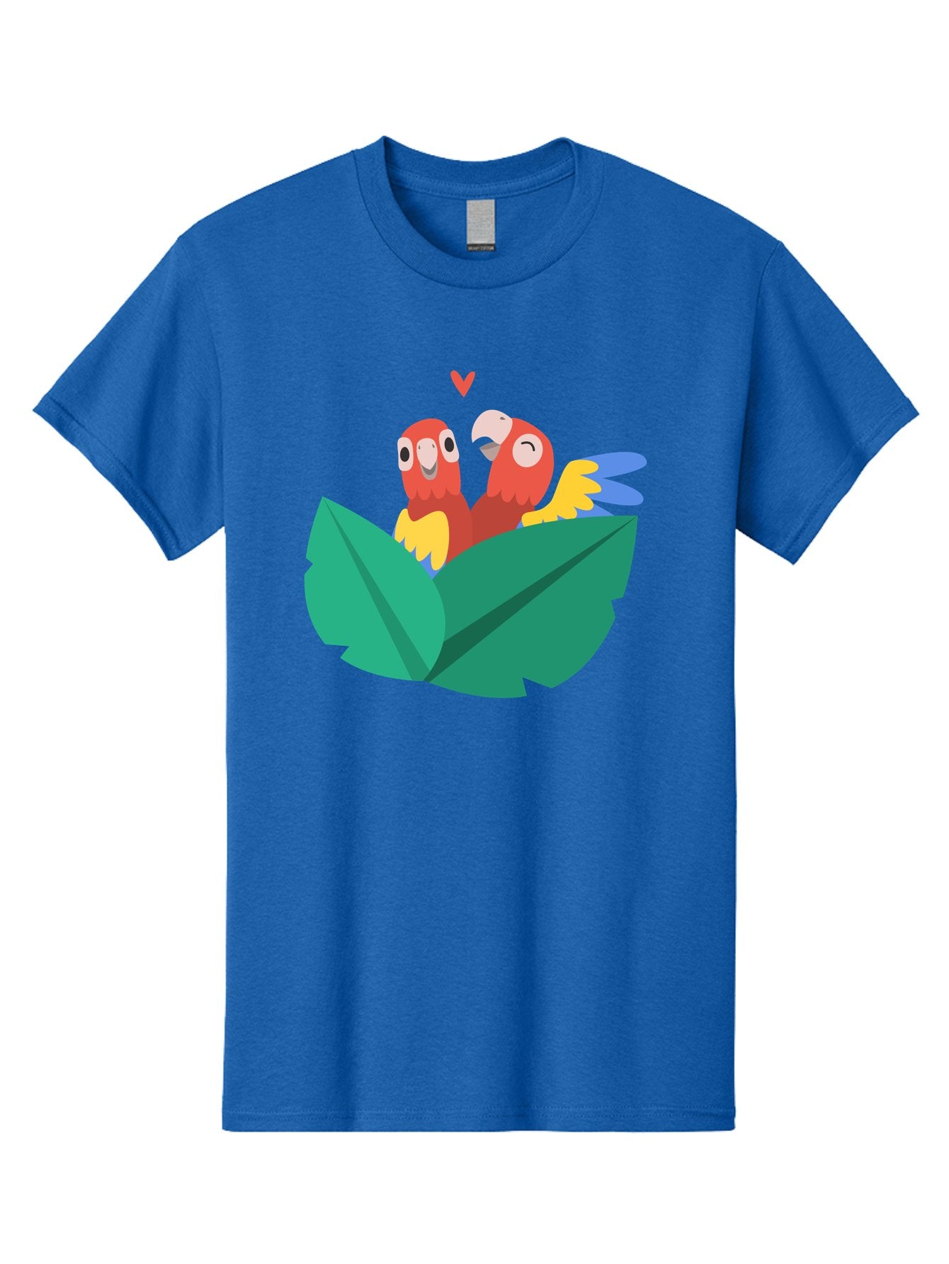 Love-Birds Men'S Graphic Tee, 100% Cotton, Comfortable Casual Summer Wear, Machine Washable, Cartoon Parrots, Red Parrots, Bird Couple, Love Birds, Tropical Birds, Colorful Feathers, Green Leaves, Red Heart, Yellow Beaks, Blue Wings Aab835 10