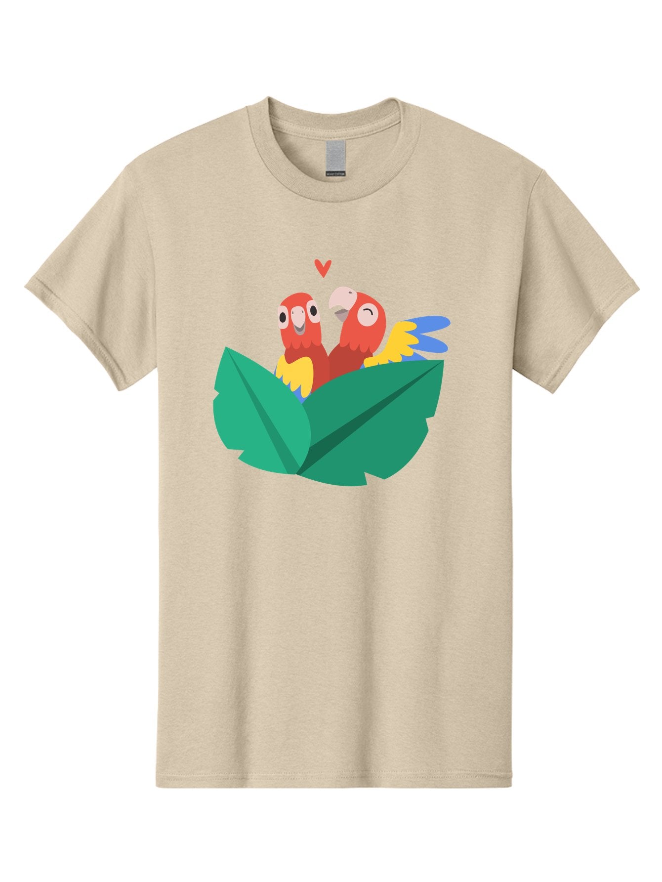 Love-Birds Men'S Graphic Tee, 100% Cotton, Comfortable Casual Summer Wear, Machine Washable, Cartoon Parrots, Red Parrots, Bird Couple, Love Birds, Tropical Birds, Colorful Feathers, Green Leaves, Red Heart, Yellow Beaks, Blue Wings Aab835 15