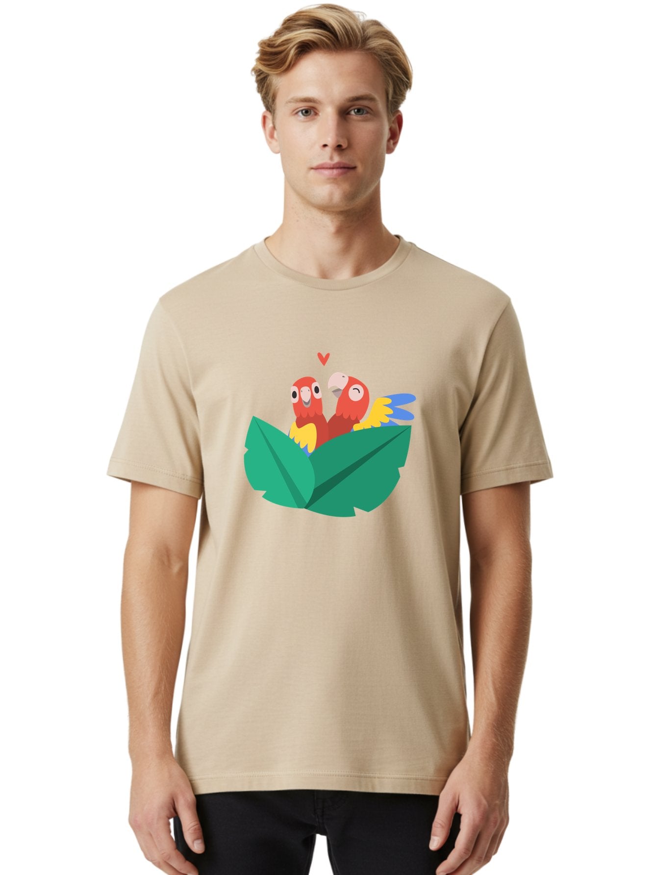 Love-Birds Men'S Graphic Tee, 100% Cotton, Comfortable Casual Summer Wear, Machine Washable, Cartoon Parrots, Red Parrots, Bird Couple, Love Birds, Tropical Birds, Colorful Feathers, Green Leaves, Red Heart, Yellow Beaks, Blue Wings Aab835 30