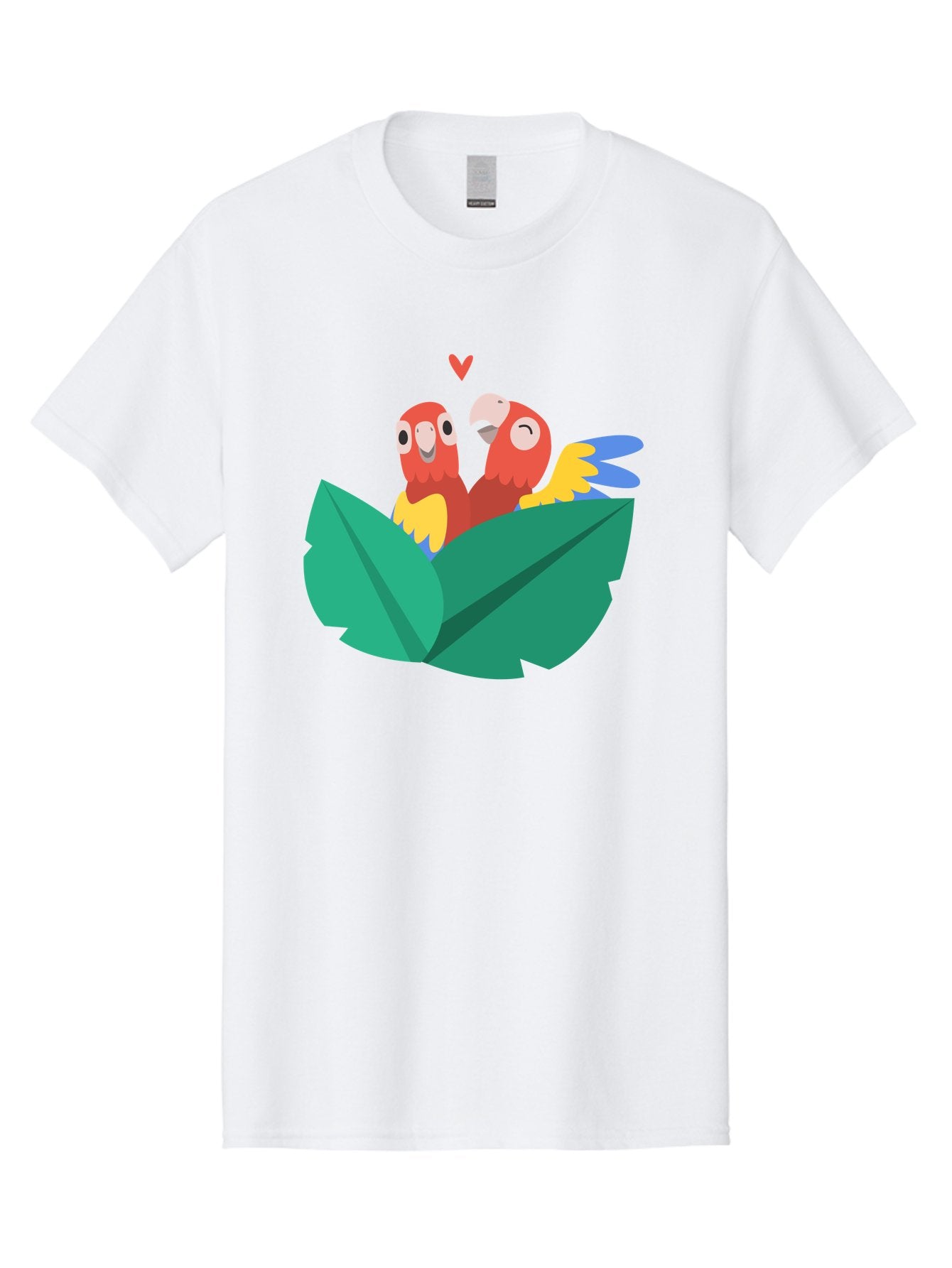 Love-Birds Men'S Graphic Tee, 100% Cotton, Comfortable Casual Summer Wear, Machine Washable, Cartoon Parrots, Red Parrots, Bird Couple, Love Birds, Tropical Birds, Colorful Feathers, Green Leaves, Red Heart, Yellow Beaks, Blue Wings Aab835