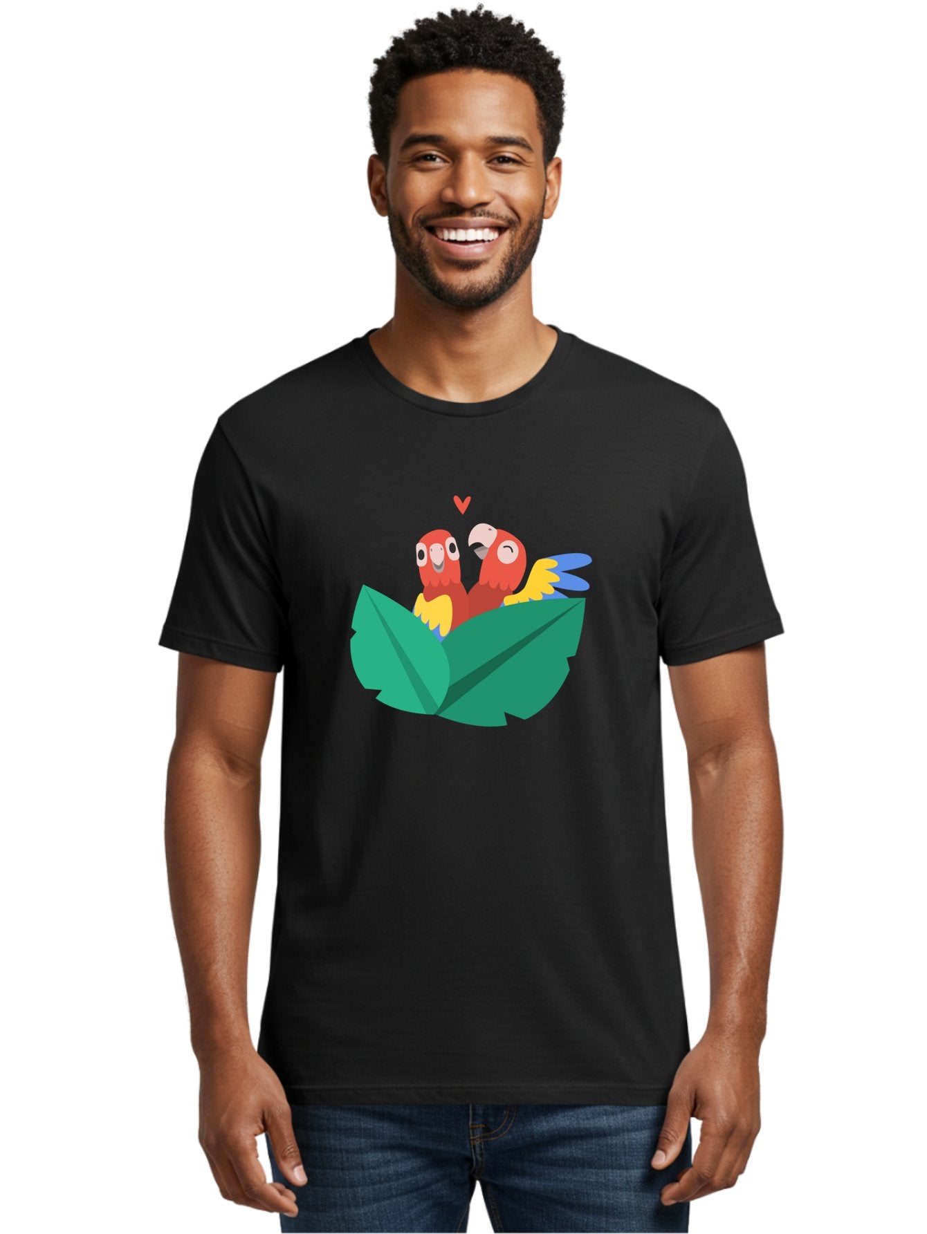Lovebirds-Parrots Men'S Graphic Tee, 100% Cotton, Comfortable Casual Summer Wear, Machine Washable, Two Parrots, Red Parrots, Yellow And Blue Wings, Love Birds, Cartoon Parrots, Parrot Couple, Parrot Love, Bird Lovers Aab837 26