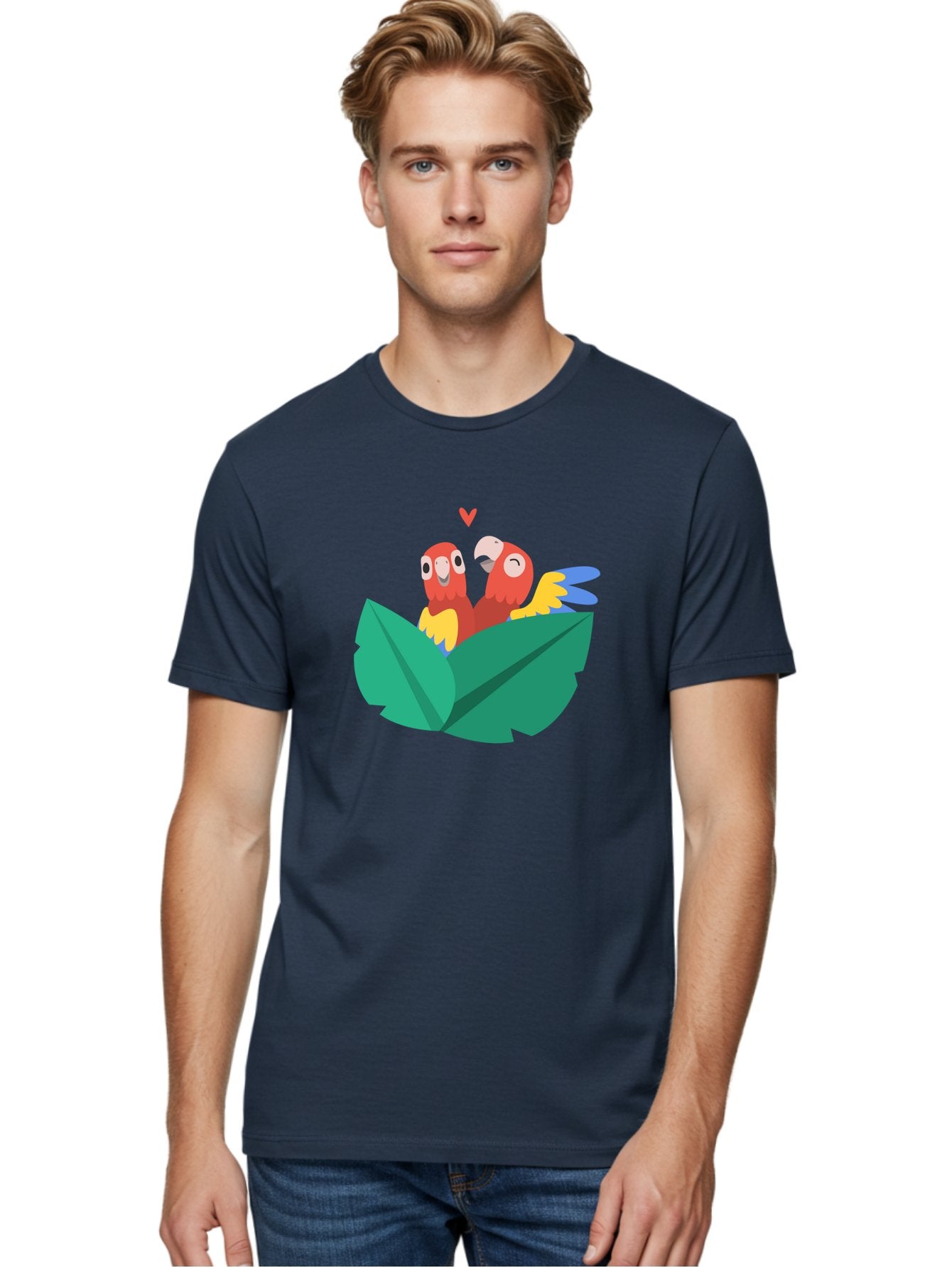 Lovebirds-Parrots Men'S Graphic Tee, 100% Cotton, Comfortable Casual Summer Wear, Machine Washable, Two Parrots, Red Parrots, Yellow And Blue Wings, Love Birds, Cartoon Parrots, Parrot Couple, Parrot Love, Bird Lovers Aab837 21