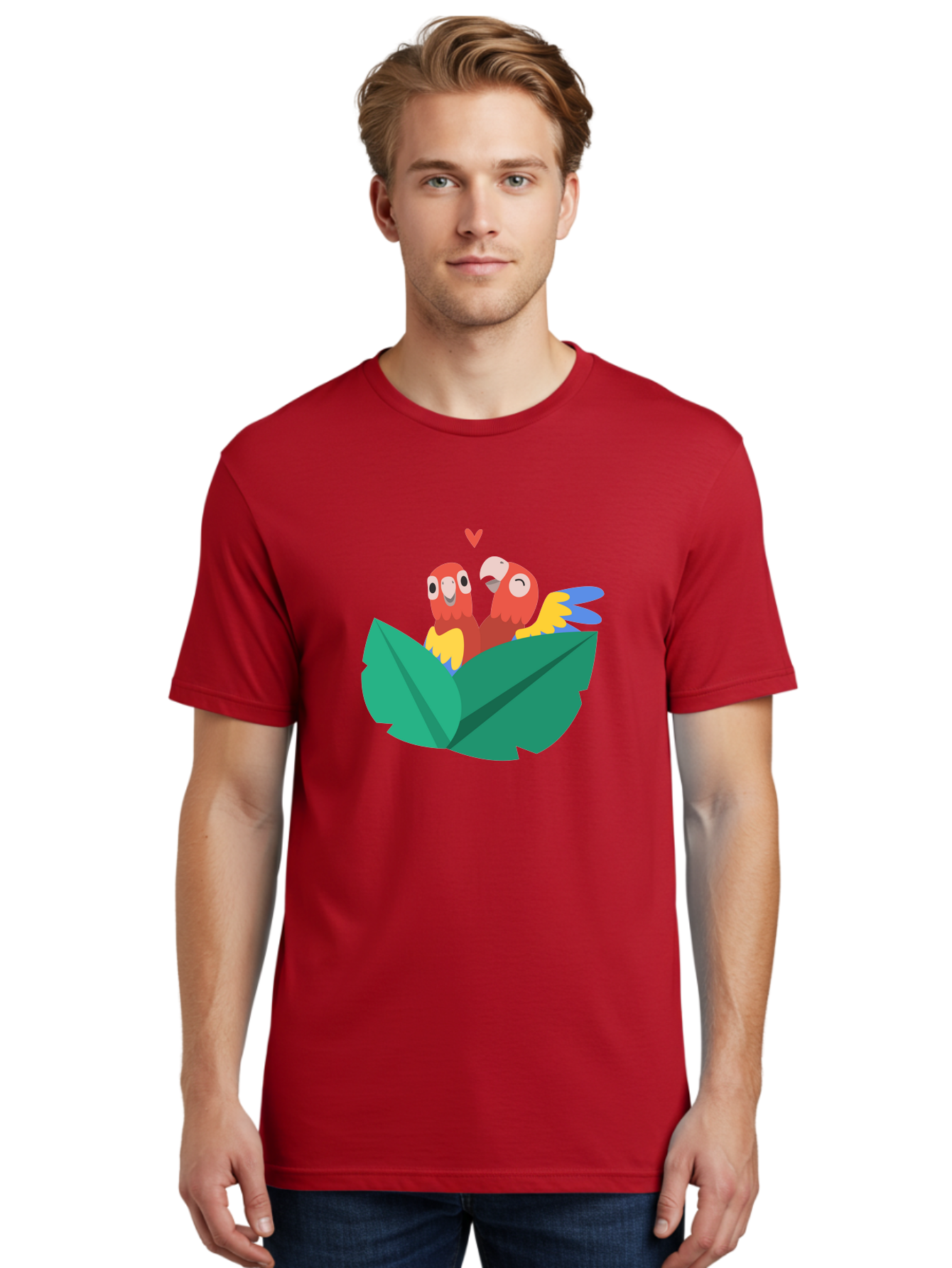 Lovebirds-Parrots Men'S Graphic Tee, 100% Cotton, Comfortable Casual Summer Wear, Machine Washable, Two Parrots, Red Parrots, Yellow And Blue Wings, Love Birds, Cartoon Parrots, Parrot Couple, Parrot Love, Bird Lovers Aab837 28