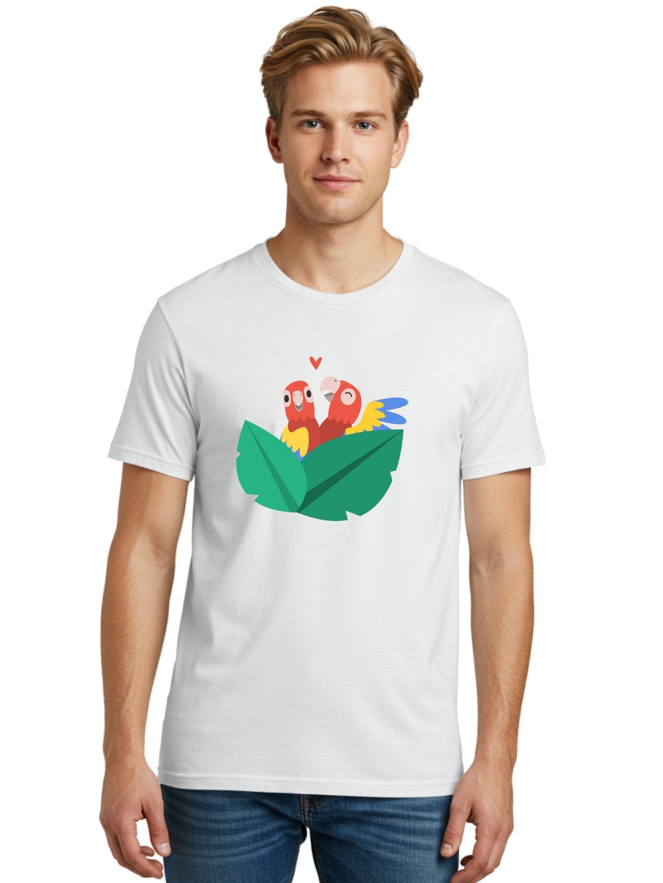 Lovebirds-Parrots Men'S Graphic Tee, 100% Cotton, Comfortable Casual Summer Wear, Machine Washable, Two Parrots, Red Parrots, Yellow And Blue Wings, Love Birds, Cartoon Parrots, Parrot Couple, Parrot Love, Bird Lovers Aab837 18