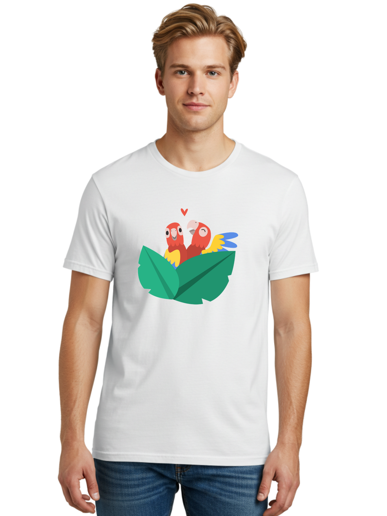 Lovebirds-Parrots Men'S Graphic Tee, 100% Cotton, Comfortable Casual Summer Wear, Machine Washable, Two Parrots, Red Parrots, Yellow And Blue Wings, Love Birds, Cartoon Parrots, Parrot Couple, Parrot Love, Bird Lovers Aab837 24