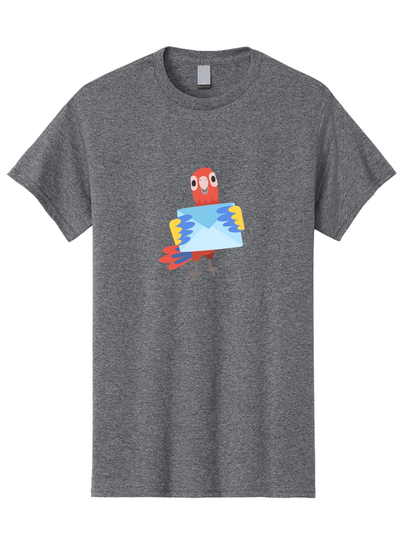 Mail-Parrot Men'S Graphic Tee, 100% Cotton, Comfortable Casual Summer Wear, Machine Washable, Colorful Cartoon Parrot, Red And Blue Bird, Email Symbol, Envelope Icon, Vibrant Plumage, Playful Illustration, Bird Holding Letter Aab841