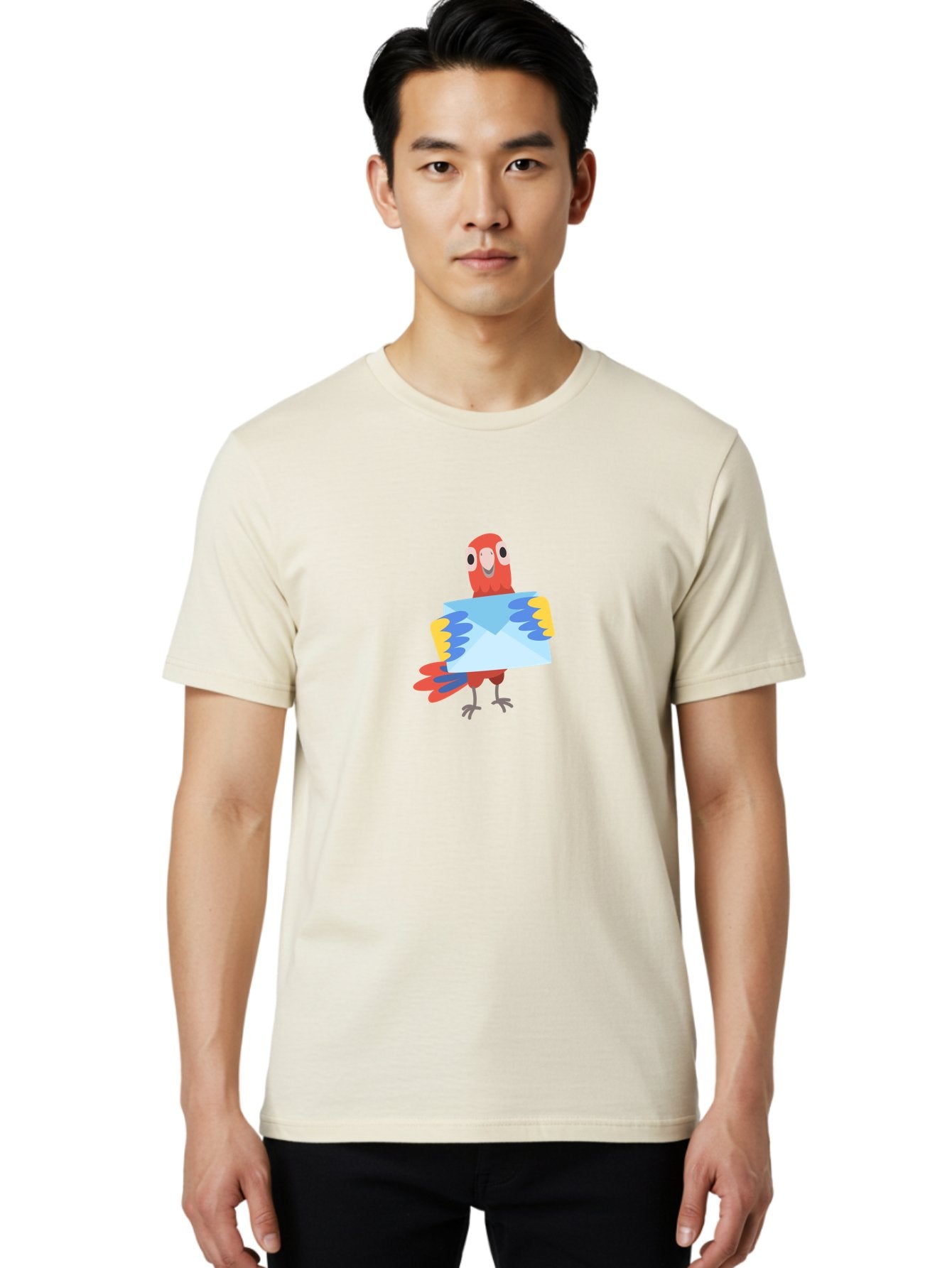 Mail-Parrot Men'S Graphic Tee, 100% Cotton, Comfortable Casual Summer Wear, Machine Washable, Colorful Cartoon Parrot, Red And Blue Bird, Email Symbol, Envelope Icon, Vibrant Plumage, Playful Illustration, Bird Holding Letter Aab841 19
