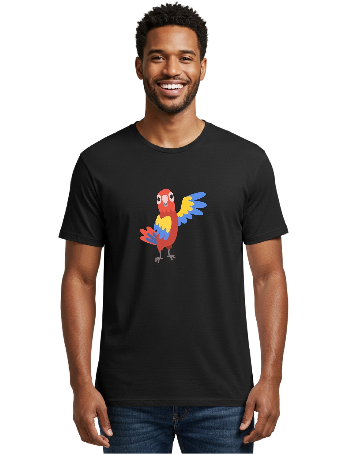 Parrot-1 Men'S Graphic Tee, 100% Cotton, Comfortable Casual Summer Wear, Machine Washable, Colorful Parrot, Cartoon Bird, Vibrant Red, Yellow, Blue Hues, Playful Wings, Happy Expression, Animated Character, Whimsical Design, Quirky Style Aab847 27
