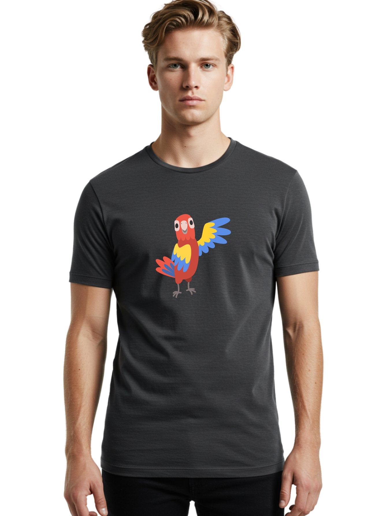 Parrot-1 Men'S Graphic Tee, 100% Cotton, Comfortable Casual Summer Wear, Machine Washable, Colorful Parrot, Cartoon Bird, Vibrant Red, Yellow, Blue Hues, Playful Wings, Happy Expression, Animated Character, Whimsical Design, Quirky Style Aab847 16
