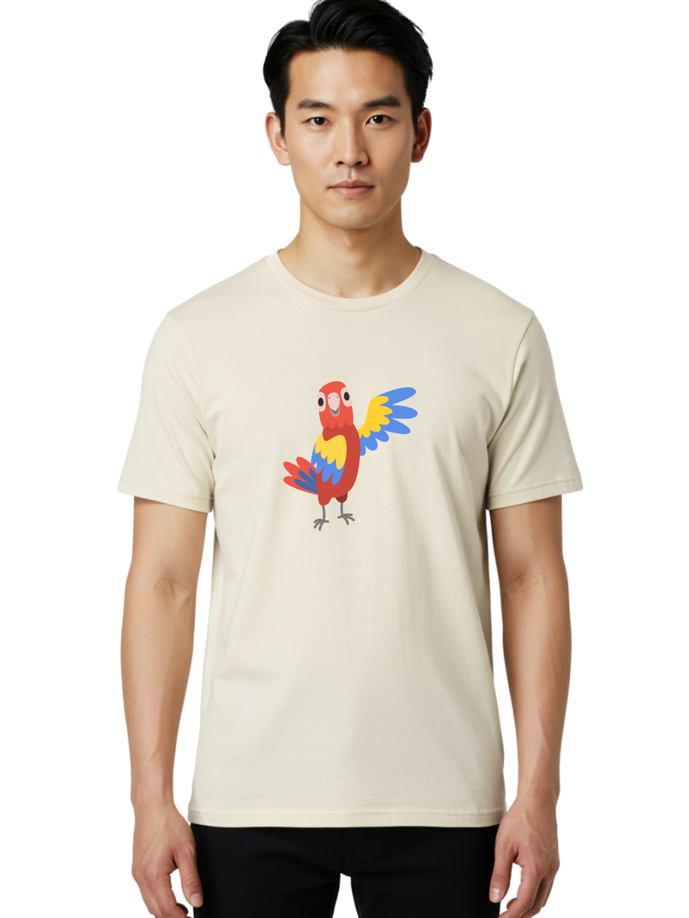 Parrot-1 Men'S Graphic Tee, 100% Cotton, Comfortable Casual Summer Wear, Machine Washable, Colorful Parrot, Cartoon Bird, Vibrant Red, Yellow, Blue Hues, Playful Wings, Happy Expression, Animated Character, Whimsical Design, Quirky Style Aab847 30