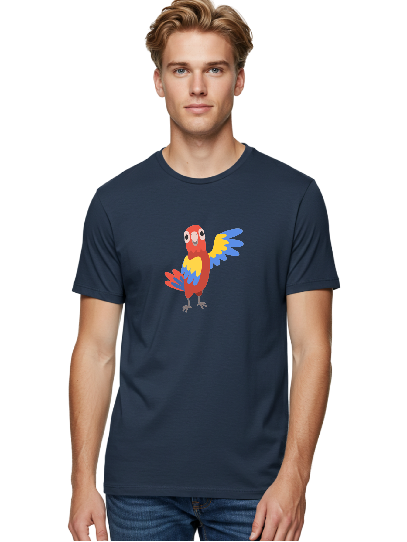 Parrot-1 Men'S Graphic Tee, 100% Cotton, Comfortable Casual Summer Wear, Machine Washable, Colorful Parrot, Cartoon Bird, Vibrant Red, Yellow, Blue Hues, Playful Wings, Happy Expression, Animated Character, Whimsical Design, Quirky Style Aab847 10