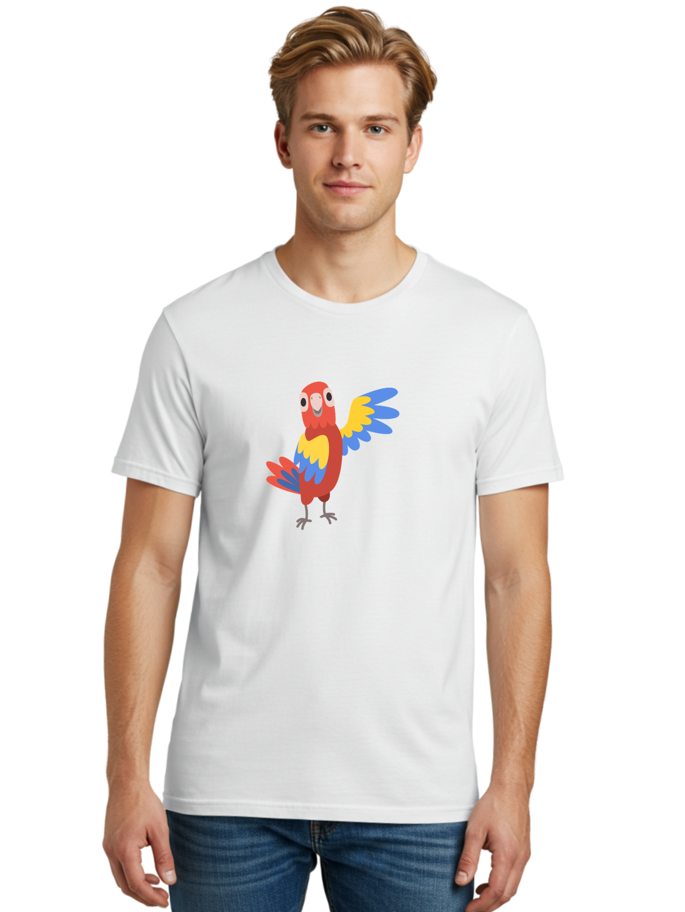 Parrot-1 Men'S Graphic Tee, 100% Cotton, Comfortable Casual Summer Wear, Machine Washable, Colorful Parrot, Cartoon Bird, Vibrant Red, Yellow, Blue Hues, Playful Wings, Happy Expression, Animated Character, Whimsical Design, Quirky Style Aab847 28