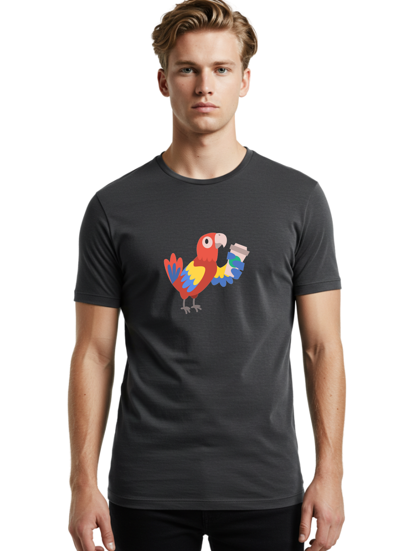 Parrot-2 Men'S Graphic Tee, 100% Cotton, Comfortable Casual Summer Wear, Machine Washable, Colorful Parrot, Cartoon Bird, Coffee Cup, Vibrant Feathers, Playful Illustration, Tropical Bird, Coffee Love, Exotic Pet Aab850 24