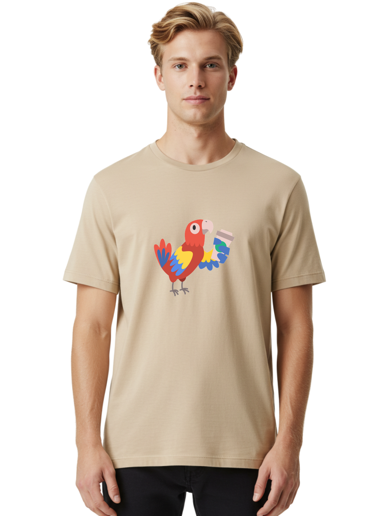 Parrot-2 Men'S Graphic Tee, 100% Cotton, Comfortable Casual Summer Wear, Machine Washable, Colorful Parrot, Cartoon Bird, Coffee Cup, Vibrant Feathers, Playful Illustration, Tropical Bird, Coffee Love, Exotic Pet Aab850 30