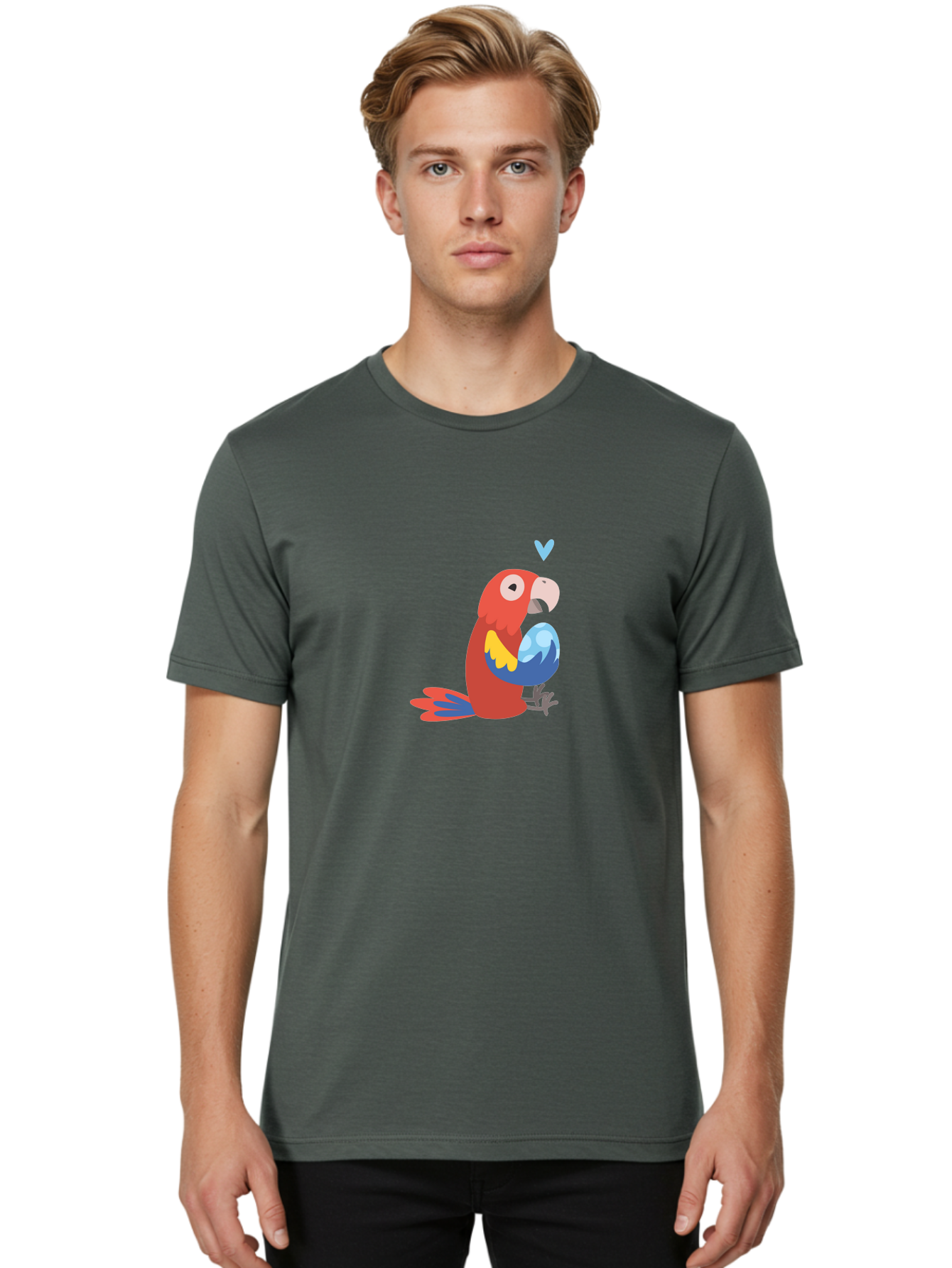 Parrot-3 Men'S Graphic Tee, 100% Cotton, Comfortable Casual Summer Wear, Machine Washable, Colorful Parrot, Red Bird, Blue Wings, Yellow Feathers, Cartoon Character, Heart Above Head, Vibrant Colors, Cute Animal, Tropical Bird, Parrot Love Aab851 8
