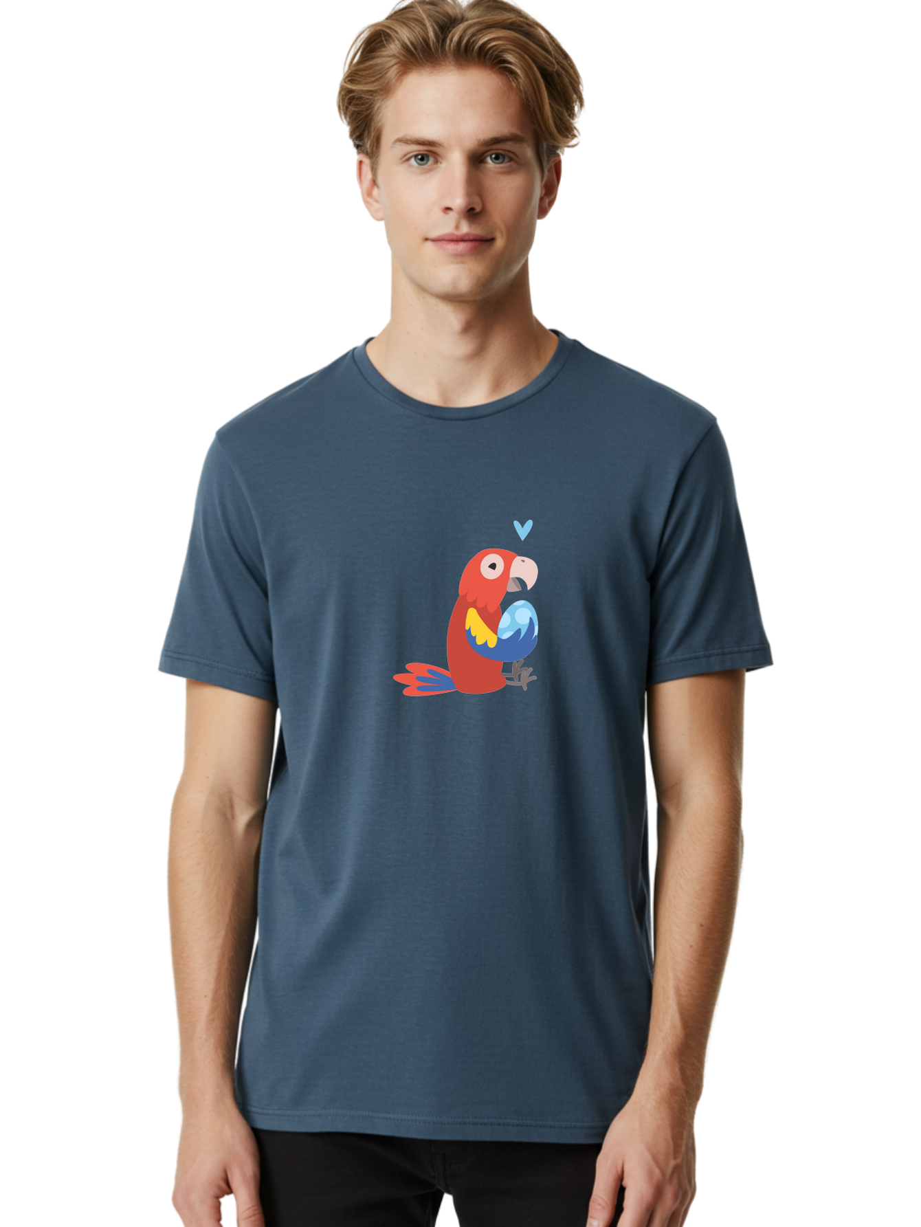Parrot-3 Men'S Graphic Tee, 100% Cotton, Comfortable Casual Summer Wear, Machine Washable, Colorful Parrot, Red Bird, Blue Wings, Yellow Feathers, Cartoon Character, Heart Above Head, Vibrant Colors, Cute Animal, Tropical Bird, Parrot Love Aab851 14