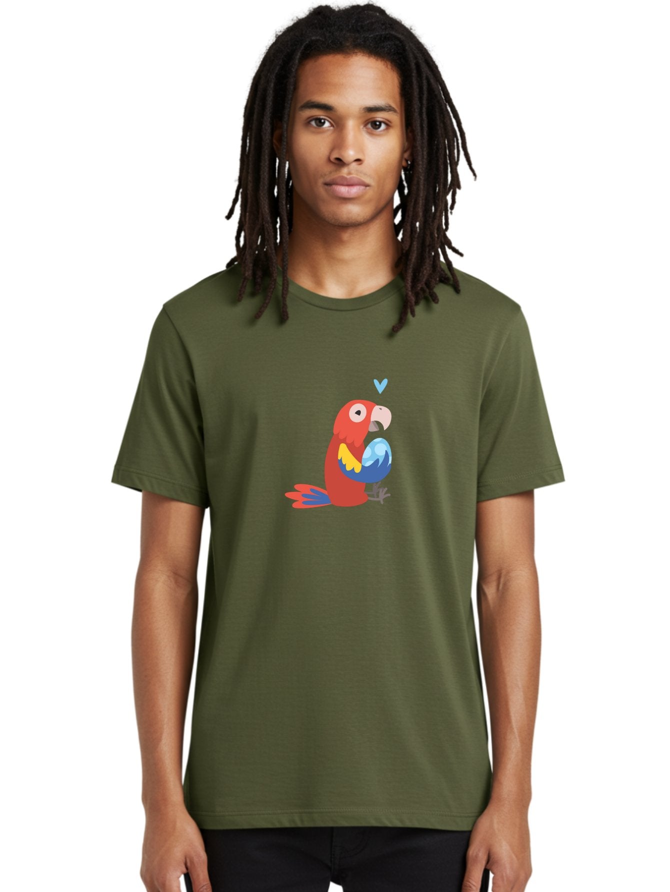Parrot-3 Men'S Graphic Tee, 100% Cotton, Comfortable Casual Summer Wear, Machine Washable, Colorful Parrot, Red Bird, Blue Wings, Yellow Feathers, Cartoon Character, Heart Above Head, Vibrant Colors, Cute Animal, Tropical Bird, Parrot Love Aab851 25