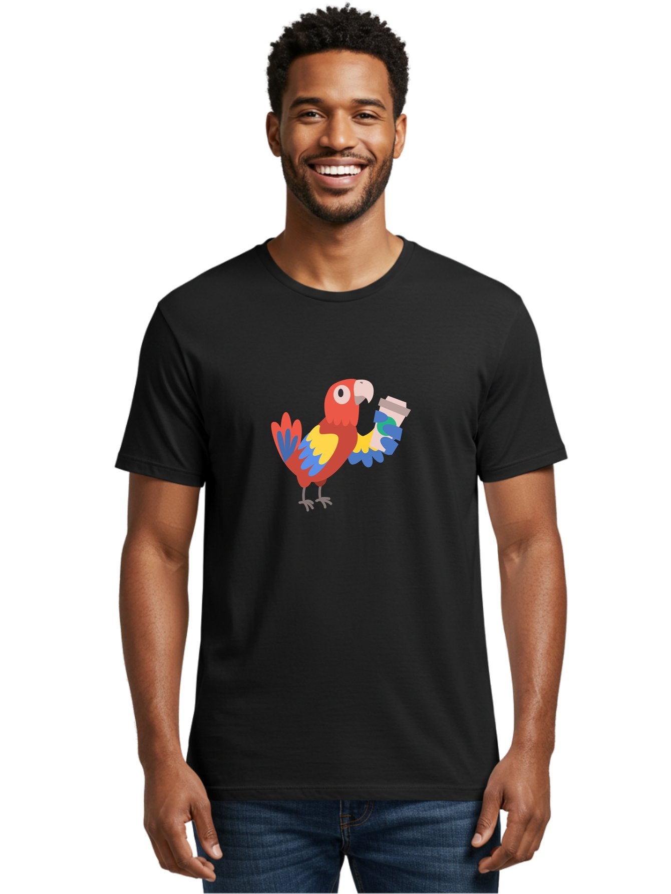Parrot-Coffee-Cup Men'S Graphic Tee, 100% Cotton, Comfortable Casual Summer Wear, Machine Washable, Parrot Holding Coffee, Cartoon Parrot, Colorful Bird, Coffee Lover, Vibrant Plumage, Cartoon Character, Funny Parrot, Coffee Break, Aab859 26