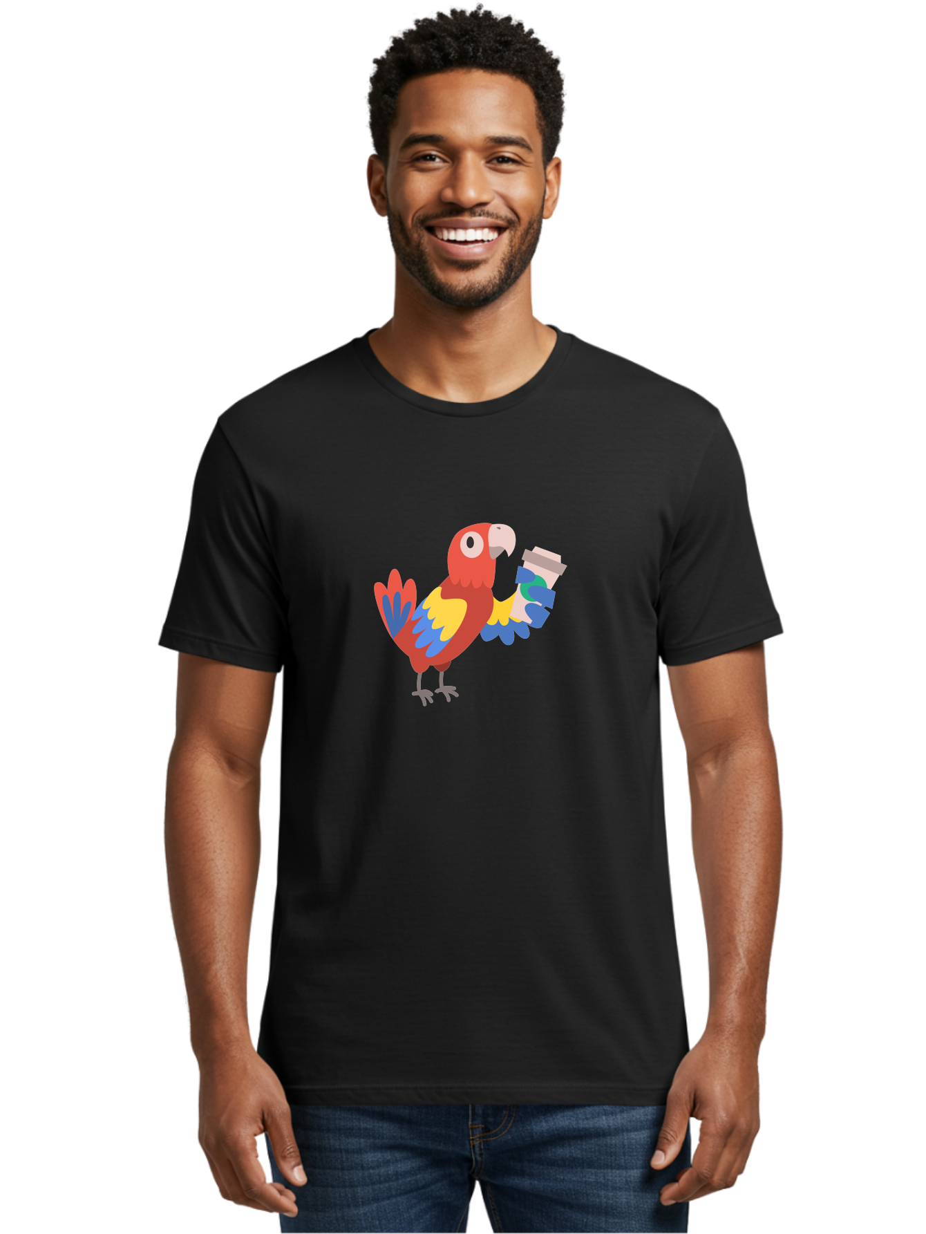 Parrot-Coffee-Cup Men'S Graphic Tee, 100% Cotton, Comfortable Casual Summer Wear, Machine Washable, Parrot Holding Coffee, Cartoon Parrot, Colorful Bird, Coffee Lover, Vibrant Plumage, Cartoon Character, Funny Parrot, Coffee Break, Aab859 10