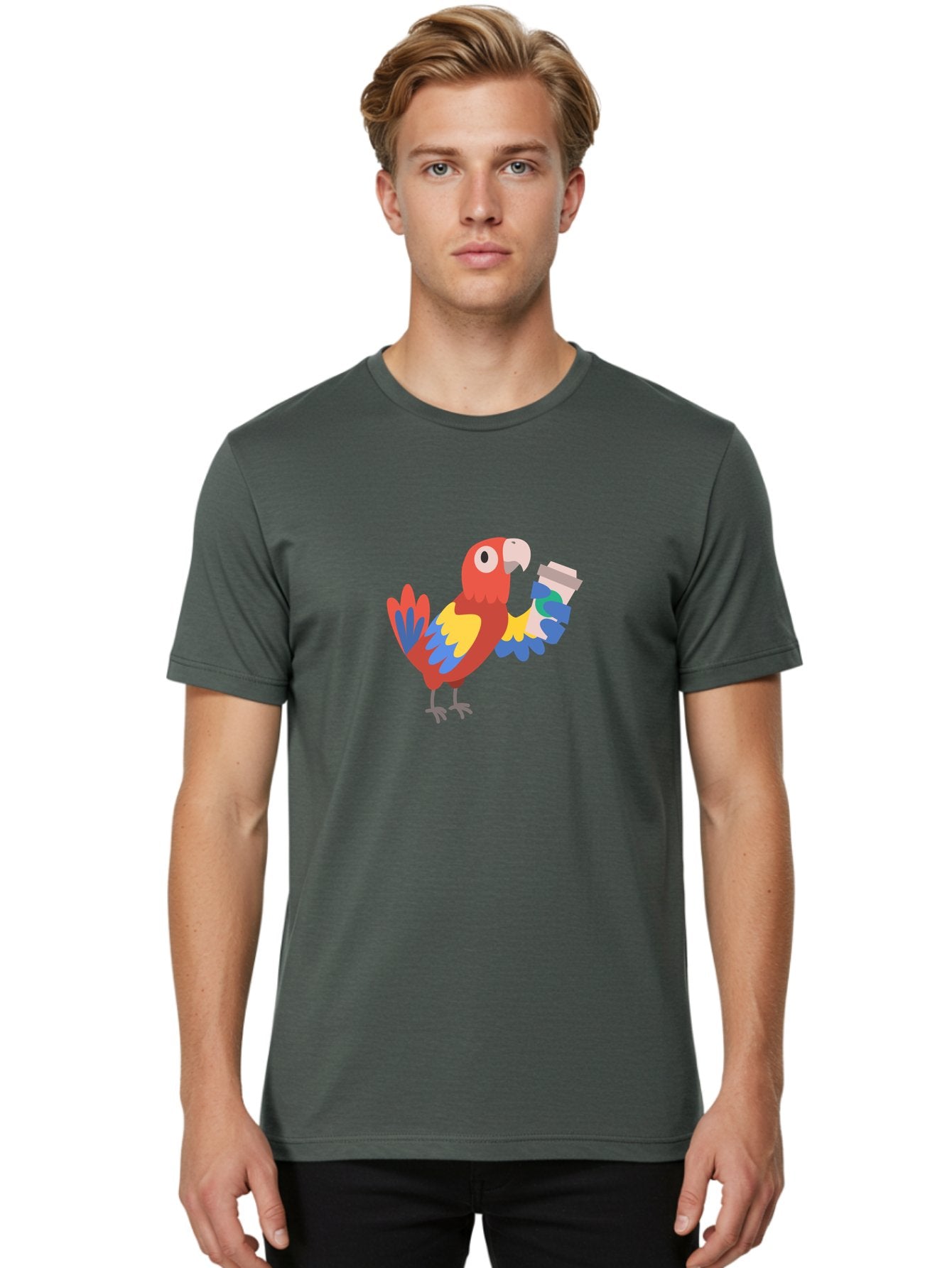 Parrot-Coffee-Cup Men'S Graphic Tee, 100% Cotton, Comfortable Casual Summer Wear, Machine Washable, Parrot Holding Coffee, Cartoon Parrot, Colorful Bird, Coffee Lover, Vibrant Plumage, Cartoon Character, Funny Parrot, Coffee Break, Aab859 18