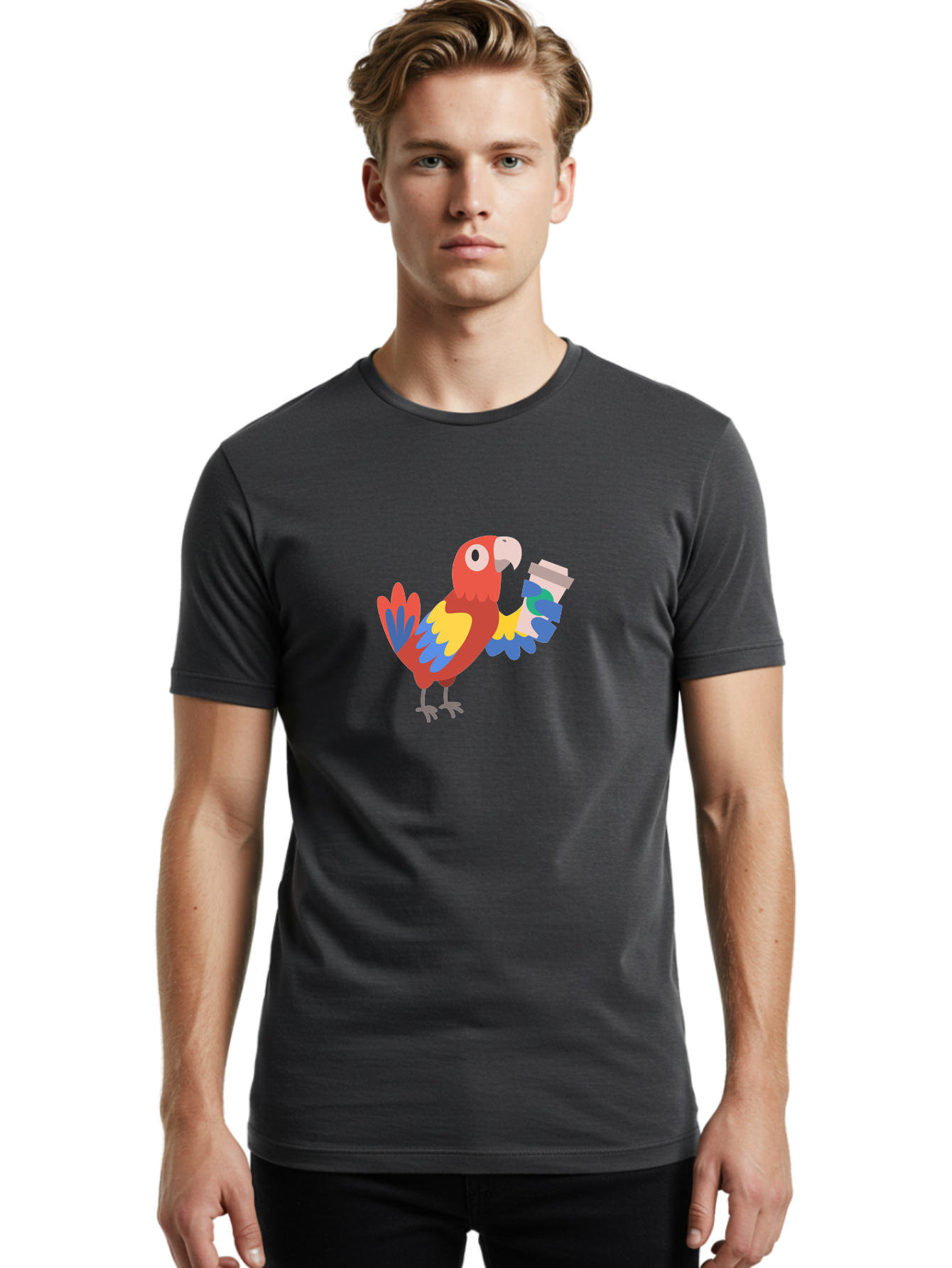 Parrot-Coffee-Cup Men'S Graphic Tee, 100% Cotton, Comfortable Casual Summer Wear, Machine Washable, Parrot Holding Coffee, Cartoon Parrot, Colorful Bird, Coffee Lover, Vibrant Plumage, Cartoon Character, Funny Parrot, Coffee Break, Aab859 14