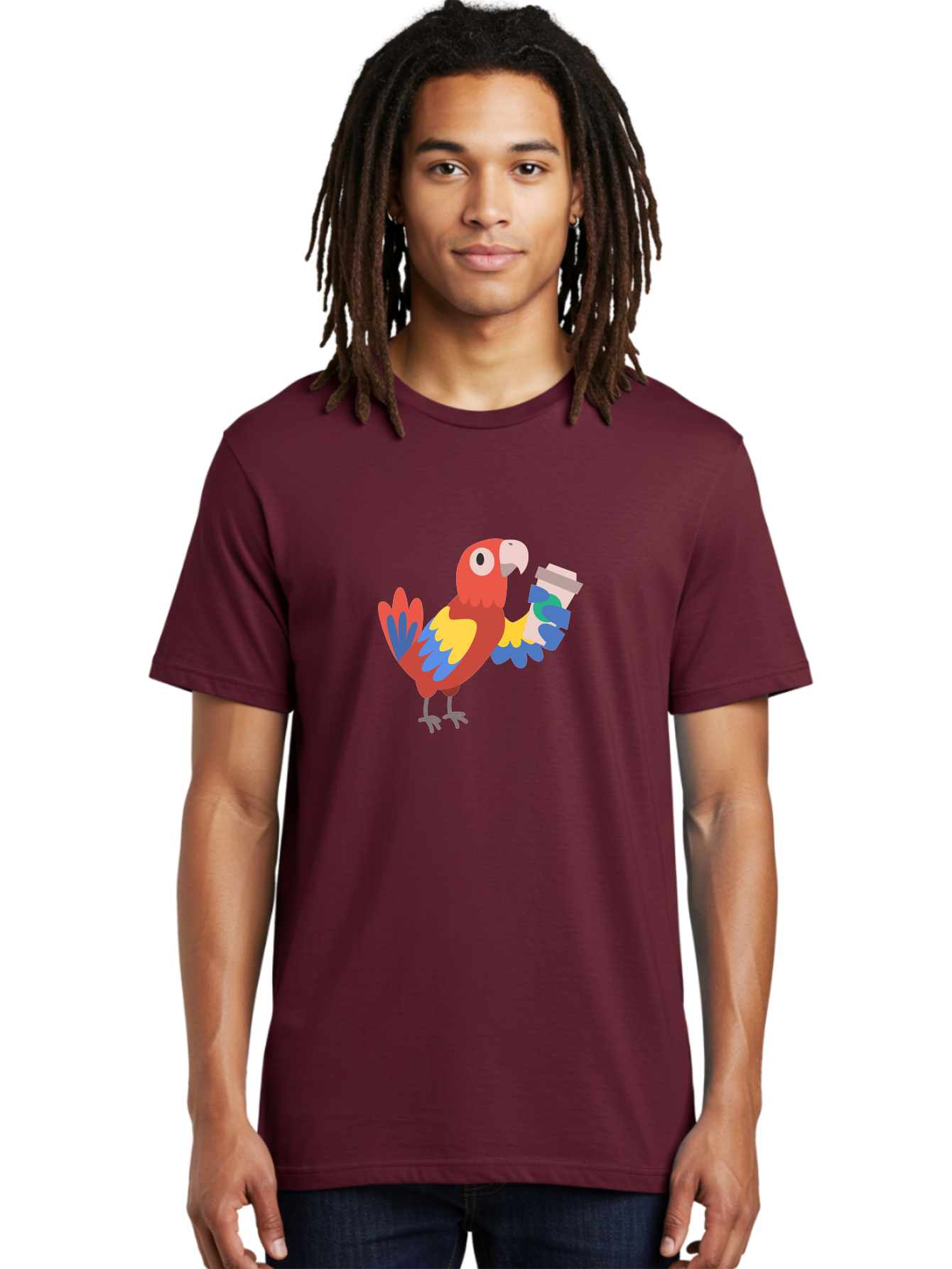 Parrot-Coffee-Cup Men'S Graphic Tee, 100% Cotton, Comfortable Casual Summer Wear, Machine Washable, Parrot Holding Coffee, Cartoon Parrot, Colorful Bird, Coffee Lover, Vibrant Plumage, Cartoon Character, Funny Parrot, Coffee Break, Aab859 8