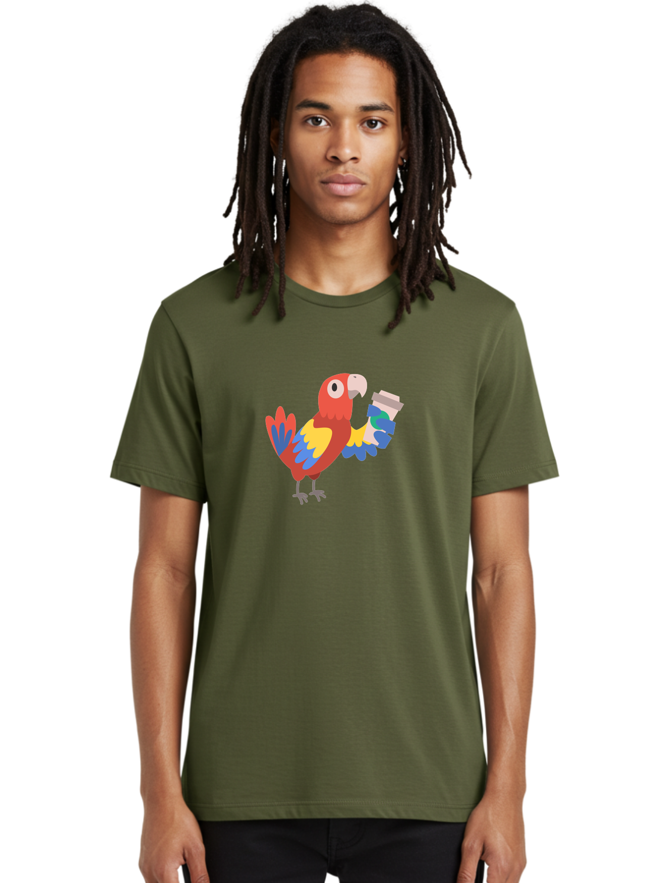 Parrot-Coffee-Cup Men'S Graphic Tee, 100% Cotton, Comfortable Casual Summer Wear, Machine Washable, Parrot Holding Coffee, Cartoon Parrot, Colorful Bird, Coffee Lover, Vibrant Plumage, Cartoon Character, Funny Parrot, Coffee Break, Aab859 30