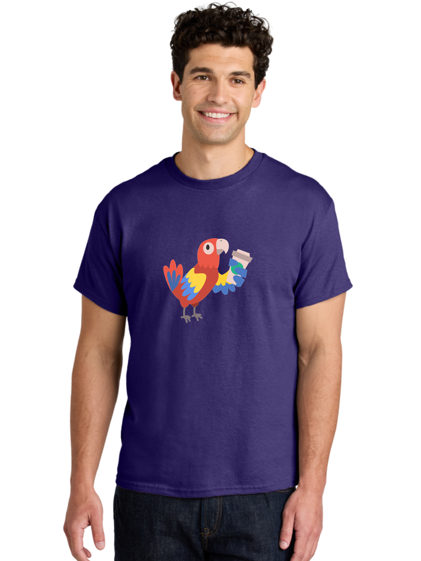 Parrot-Coffee-Cup Men'S Graphic Tee, 100% Cotton, Comfortable Casual Summer Wear, Machine Washable, Parrot Holding Coffee, Cartoon Parrot, Colorful Bird, Coffee Lover, Vibrant Plumage, Cartoon Character, Funny Parrot, Coffee Break, Aab859 26