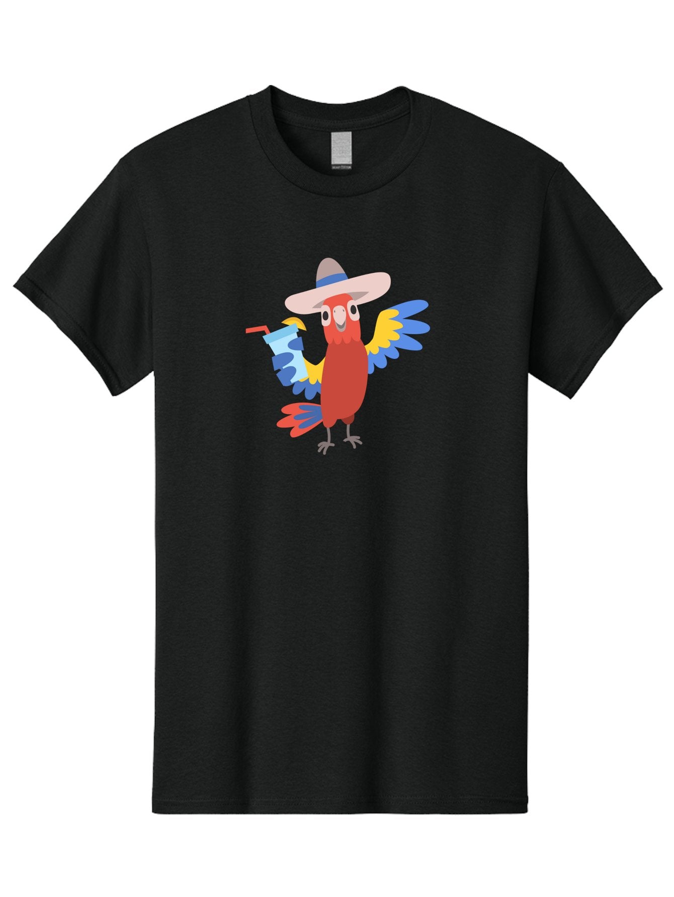 Parrot-Hat-Drink Men'S Graphic Tee, 100% Cotton, Comfortable Casual Summer Wear, Machine Washable, Colorful Parrot, Cartoon Parrot, Tropical Bird, Blue And Yellow Wings, Red Body, Large Hat, Striped Band, Cold Drink, Straw, Funny Character, Aab860 9
