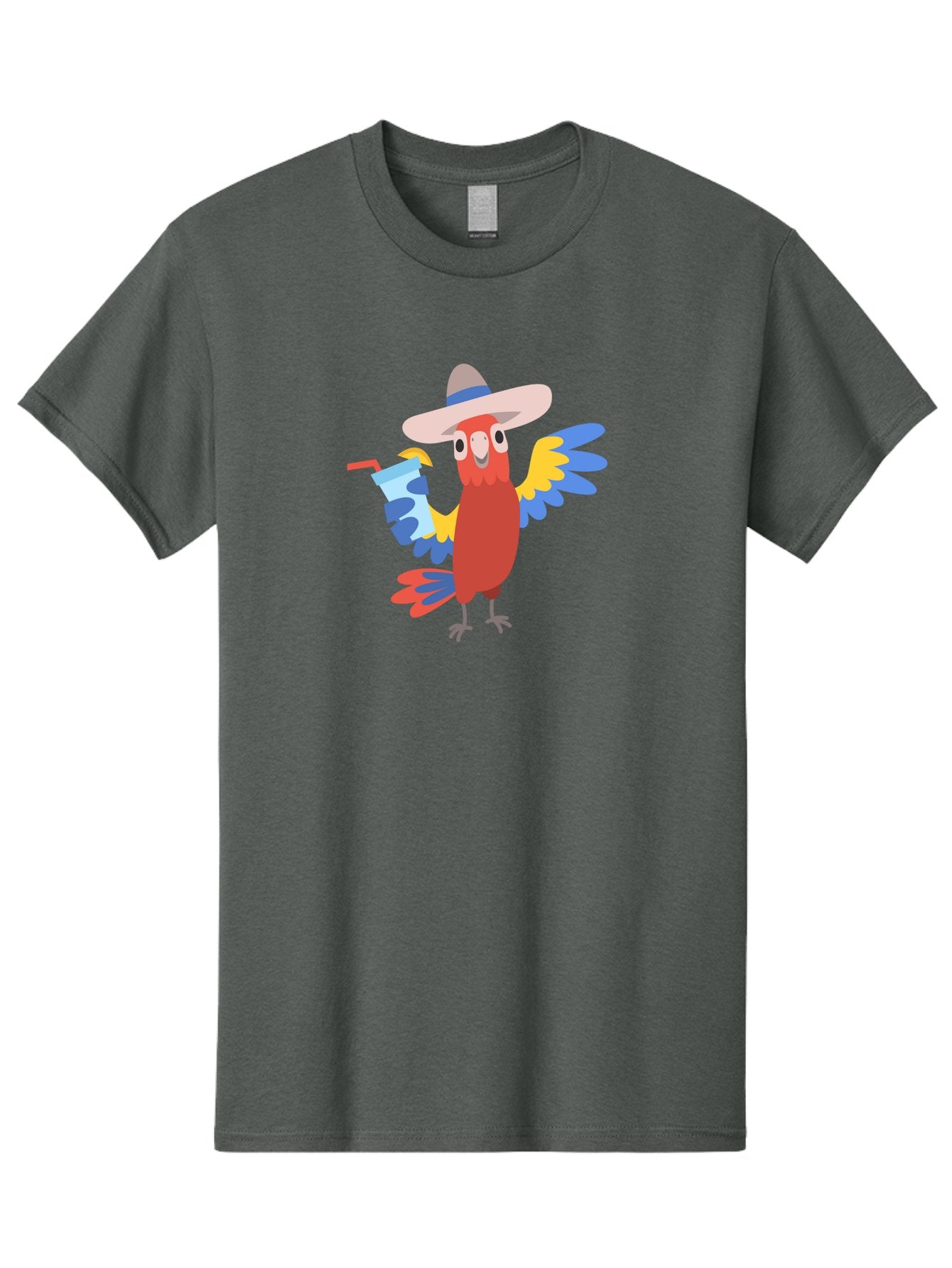 Parrot-Hat-Drink Men'S Graphic Tee, 100% Cotton, Comfortable Casual Summer Wear, Machine Washable, Colorful Parrot, Cartoon Parrot, Tropical Bird, Blue And Yellow Wings, Red Body, Large Hat, Striped Band, Cold Drink, Straw, Funny Character, Aab860 15