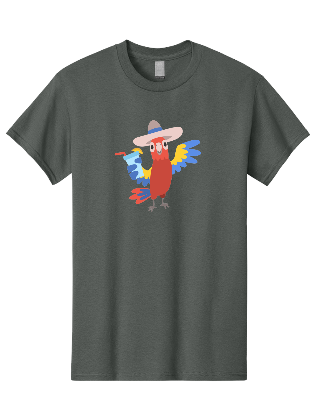 Parrot-Hat-Drink Men'S Graphic Tee, 100% Cotton, Comfortable Casual Summer Wear, Machine Washable, Colorful Parrot, Cartoon Parrot, Tropical Bird, Blue And Yellow Wings, Red Body, Large Hat, Striped Band, Cold Drink, Straw, Funny Character, Aab860